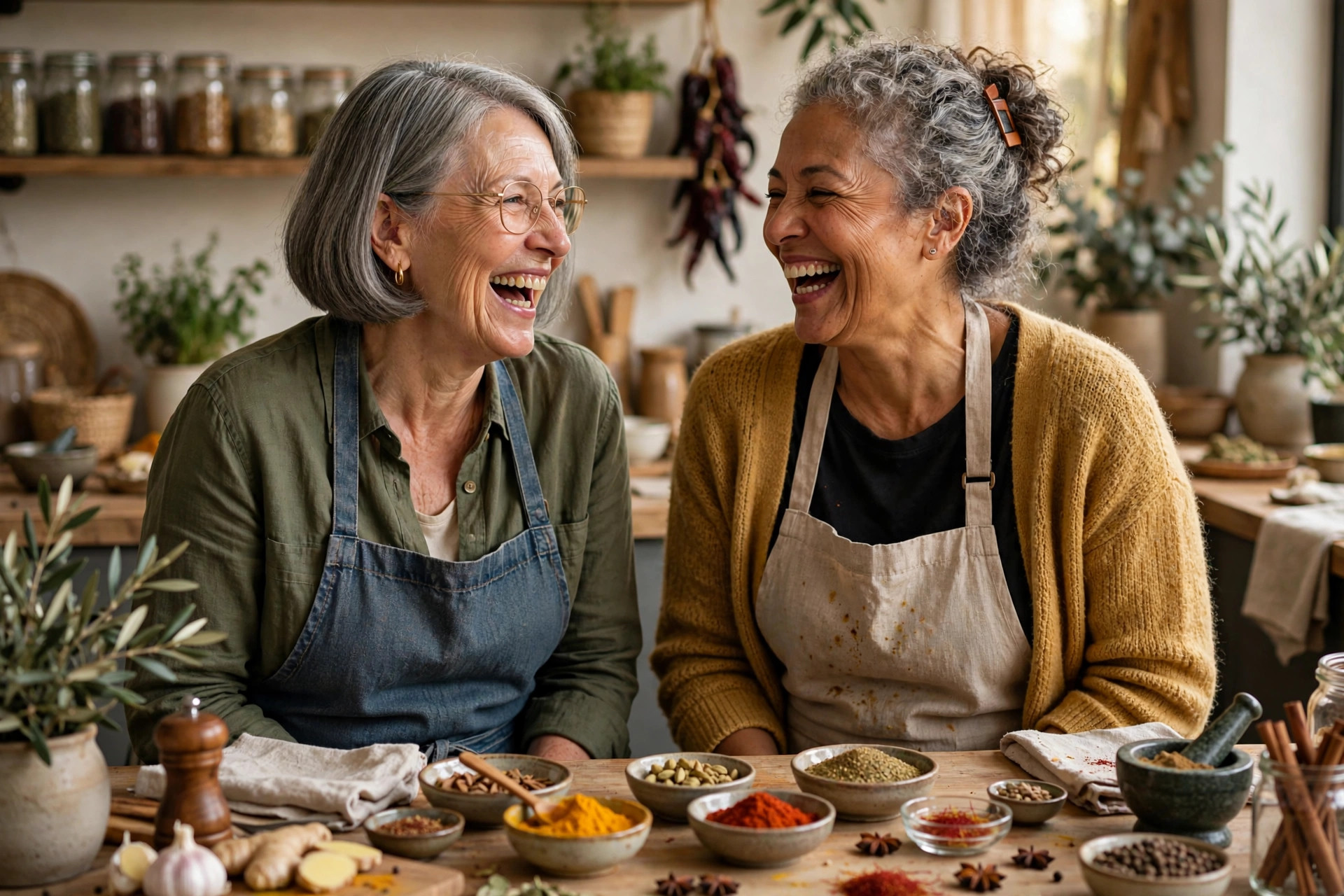 Two women friends in their 60s laughing in a cooking class together
