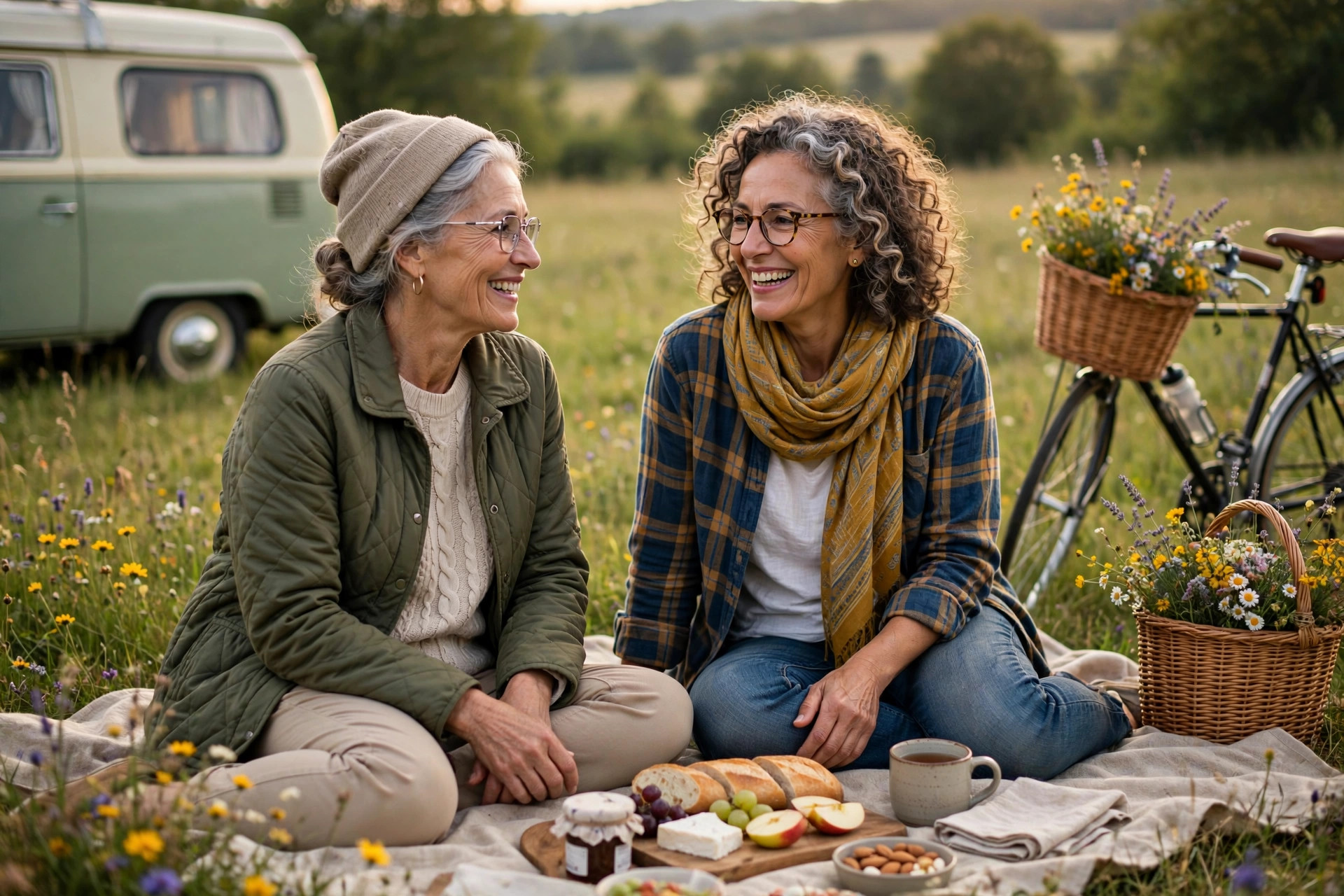 Two women friends in their 60s enjoying a simple picnic in a meadow