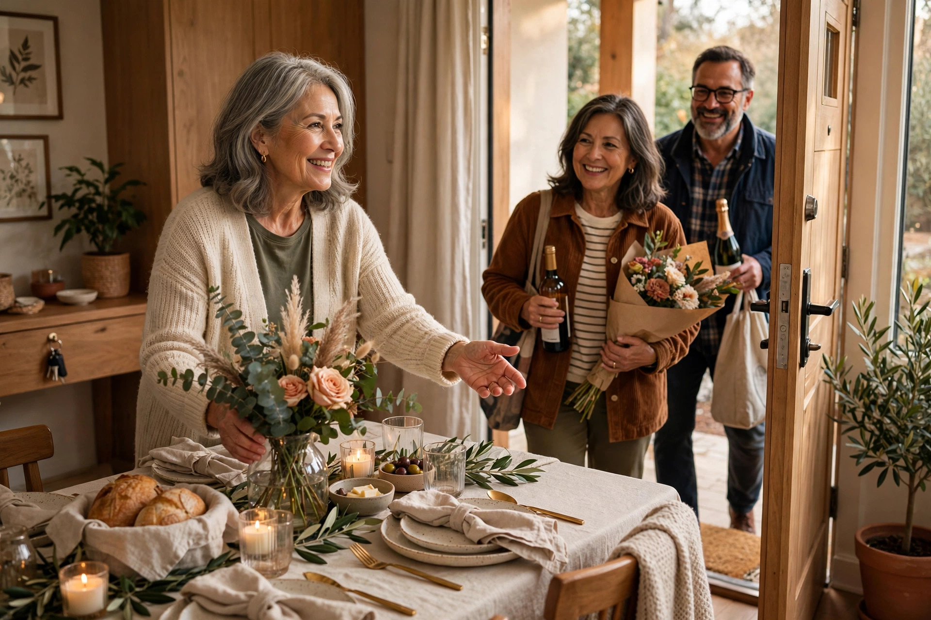 Woman in her 60s setting a beautiful table as friends arrive