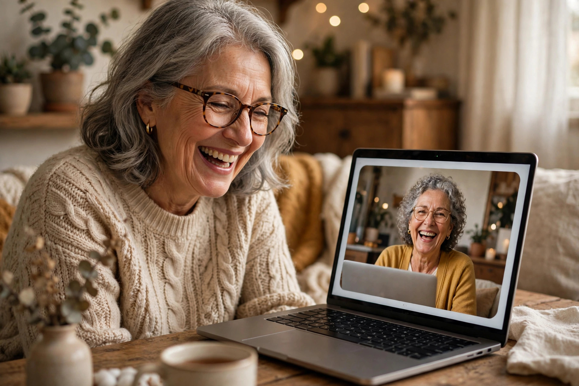 Woman in her 60s laughing on a video call with her longtime friend
