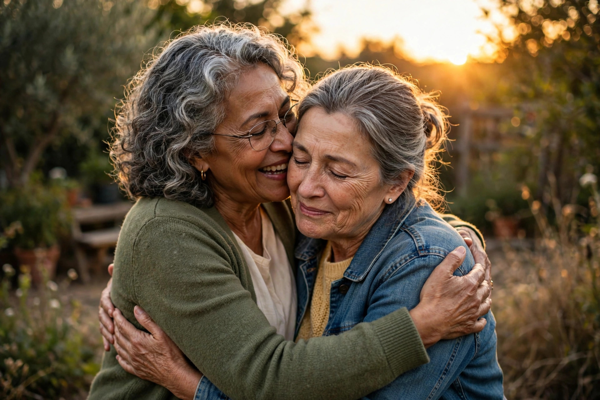 Two lifelong women friends in their 60s embracing tenderly at sunset