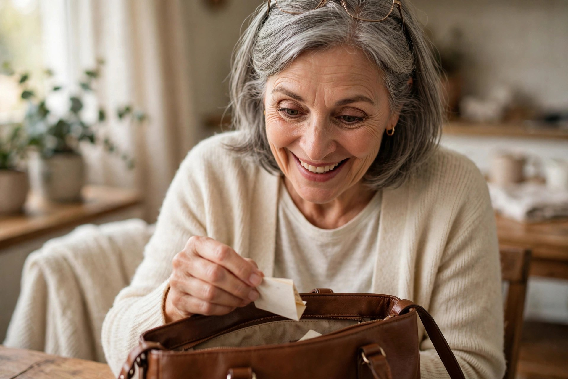 Wife in her 60s finding a small love note tucked into her handbag, smiling with surprise