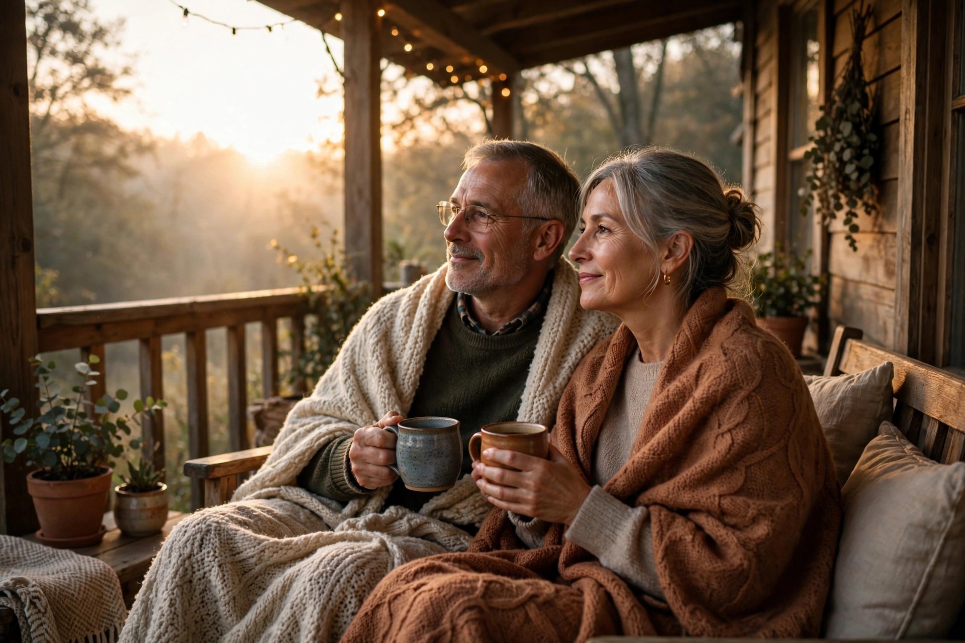 Older couple in their 60s with coffee mugs watching the sunrise from their porch, wrapped in blankets