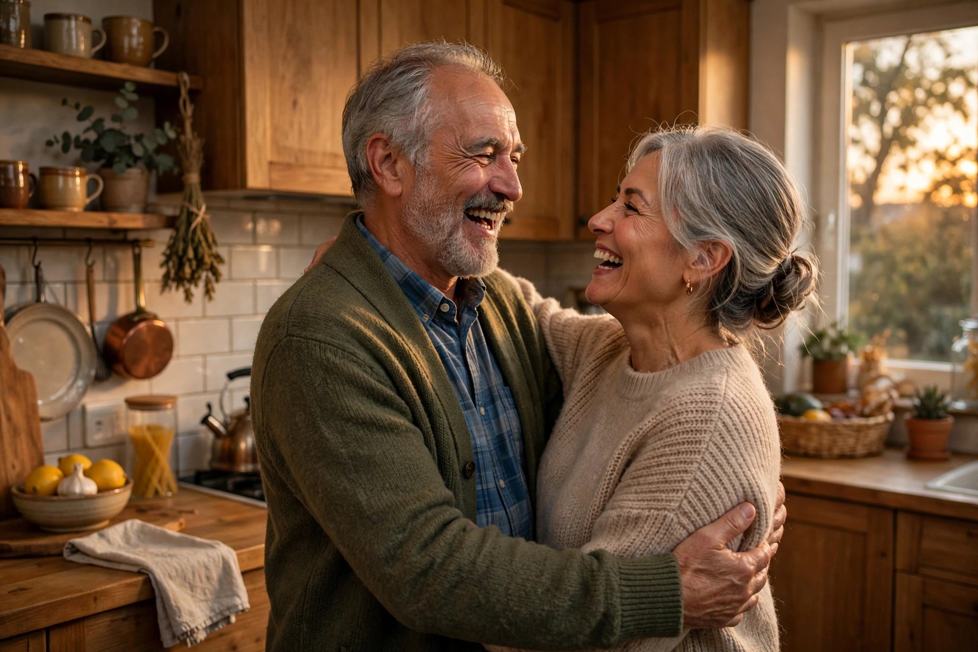 Older couple slow dancing in a cozy kitchen, laughing, warm evening light