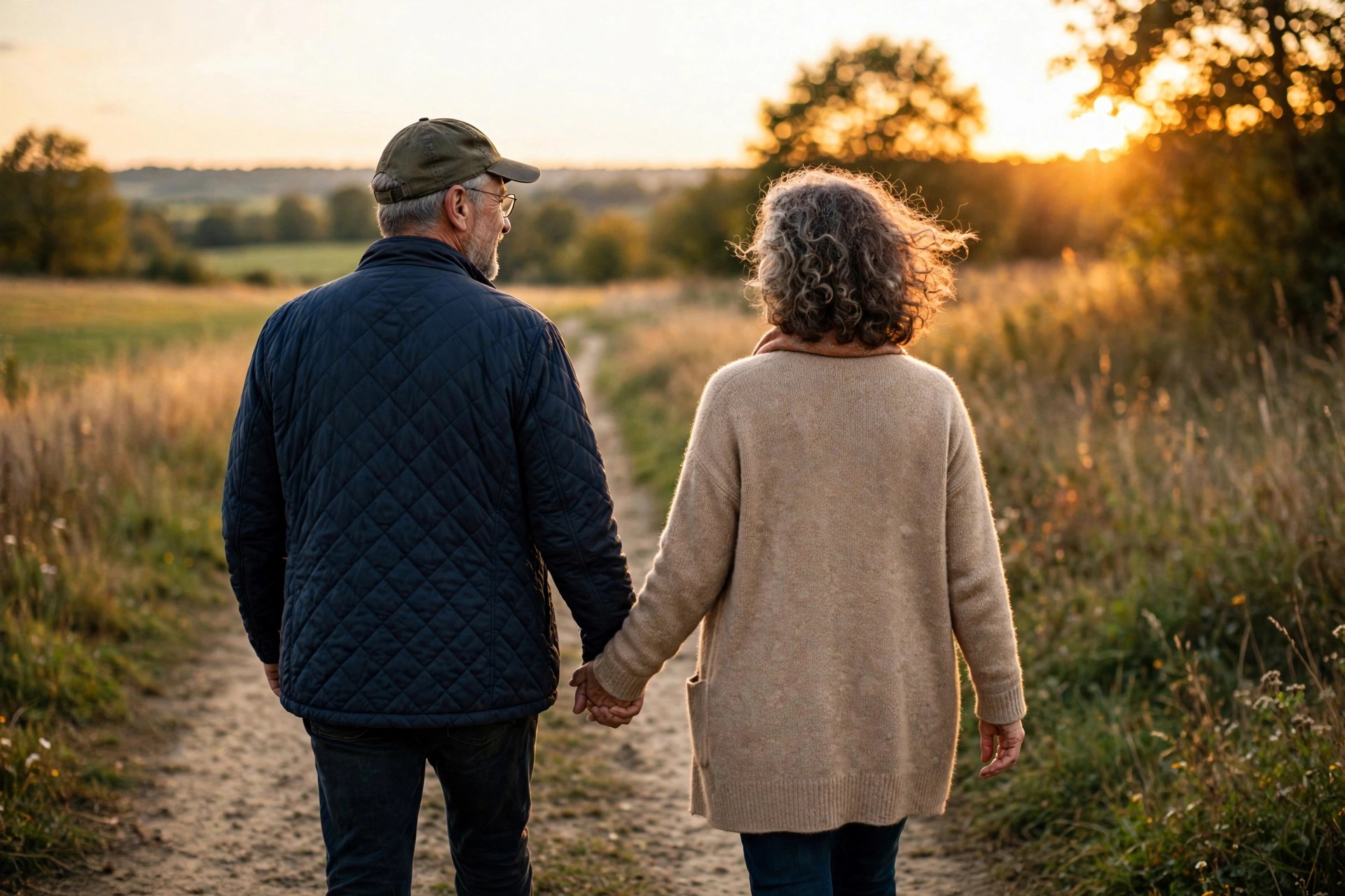 Older couple walking hand in hand on a path at sunset, golden light