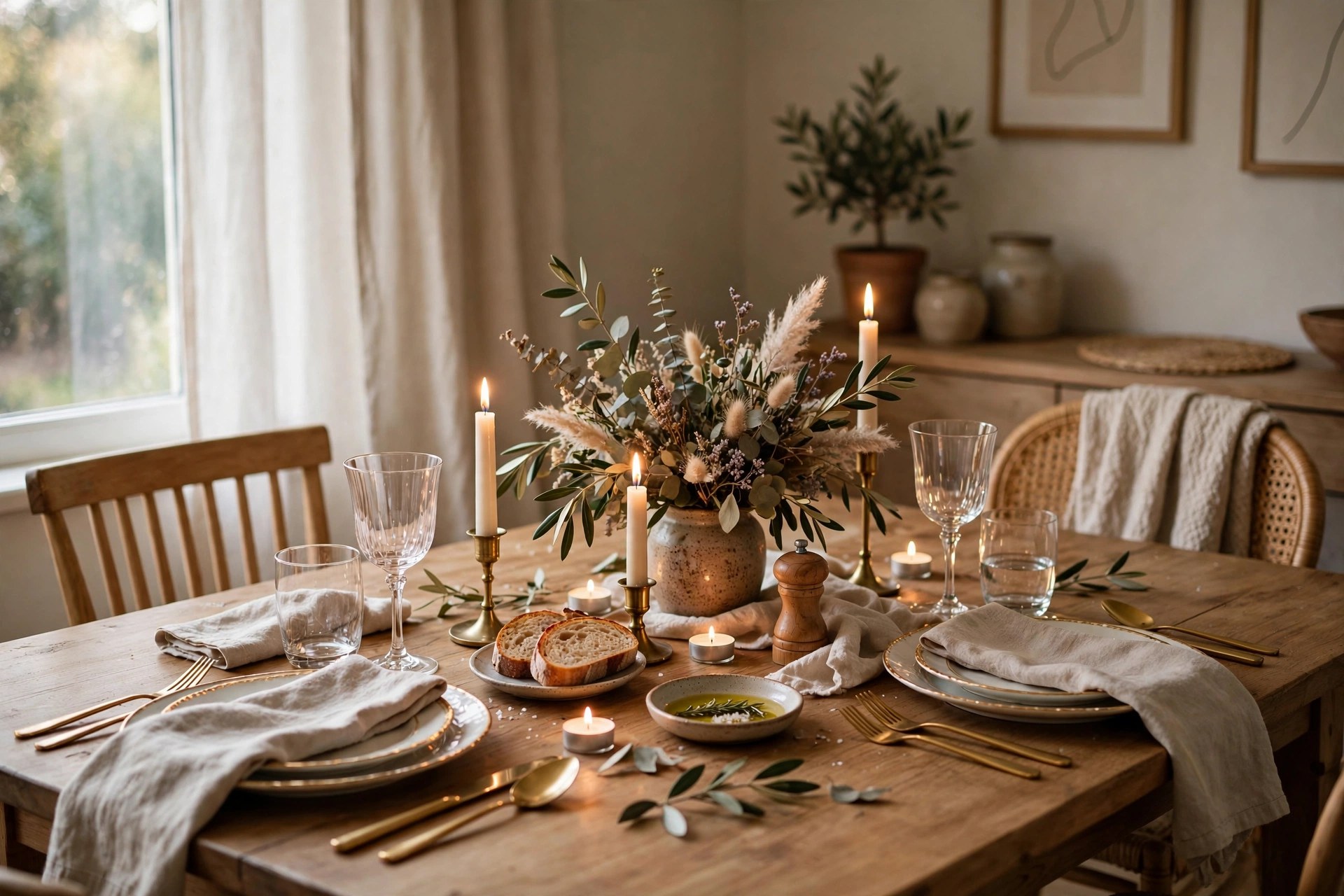 Romantic candlelit dinner table for two in a cozy dining room at home