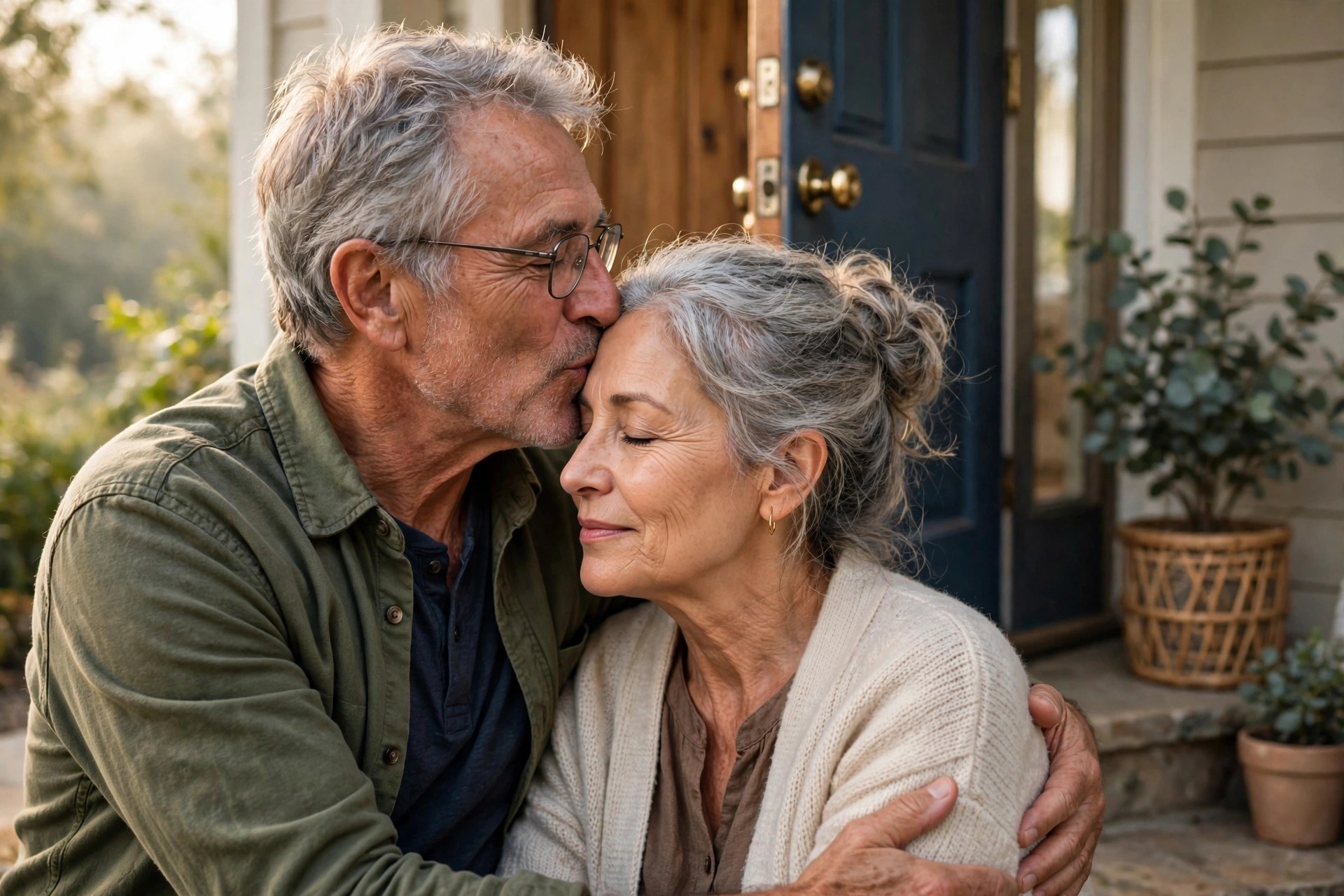 Husband in his 60s kissing his wife's forehead at the front door in the morning