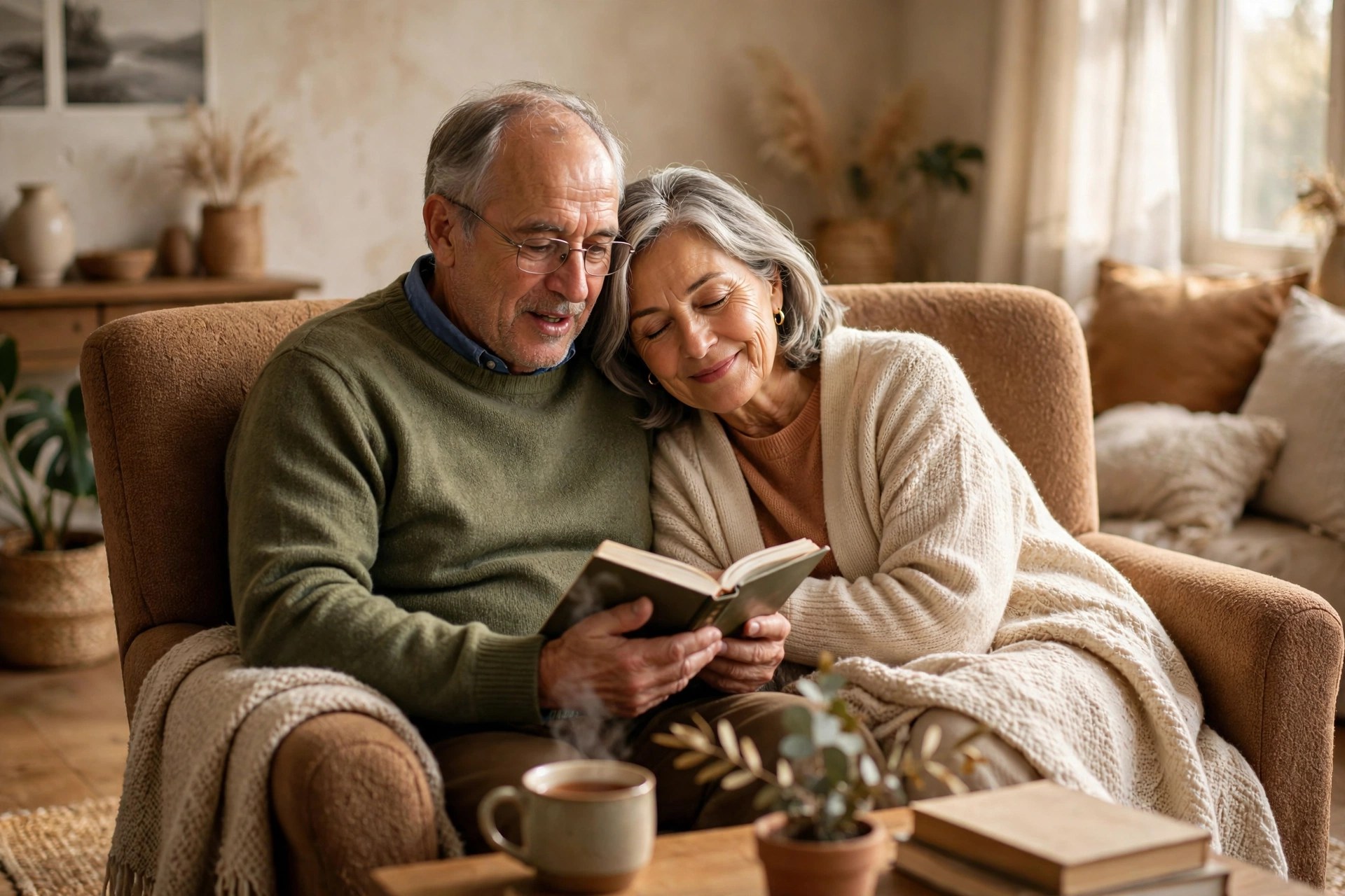 Older couple snuggled in armchairs, husband reading a book aloud to his wife