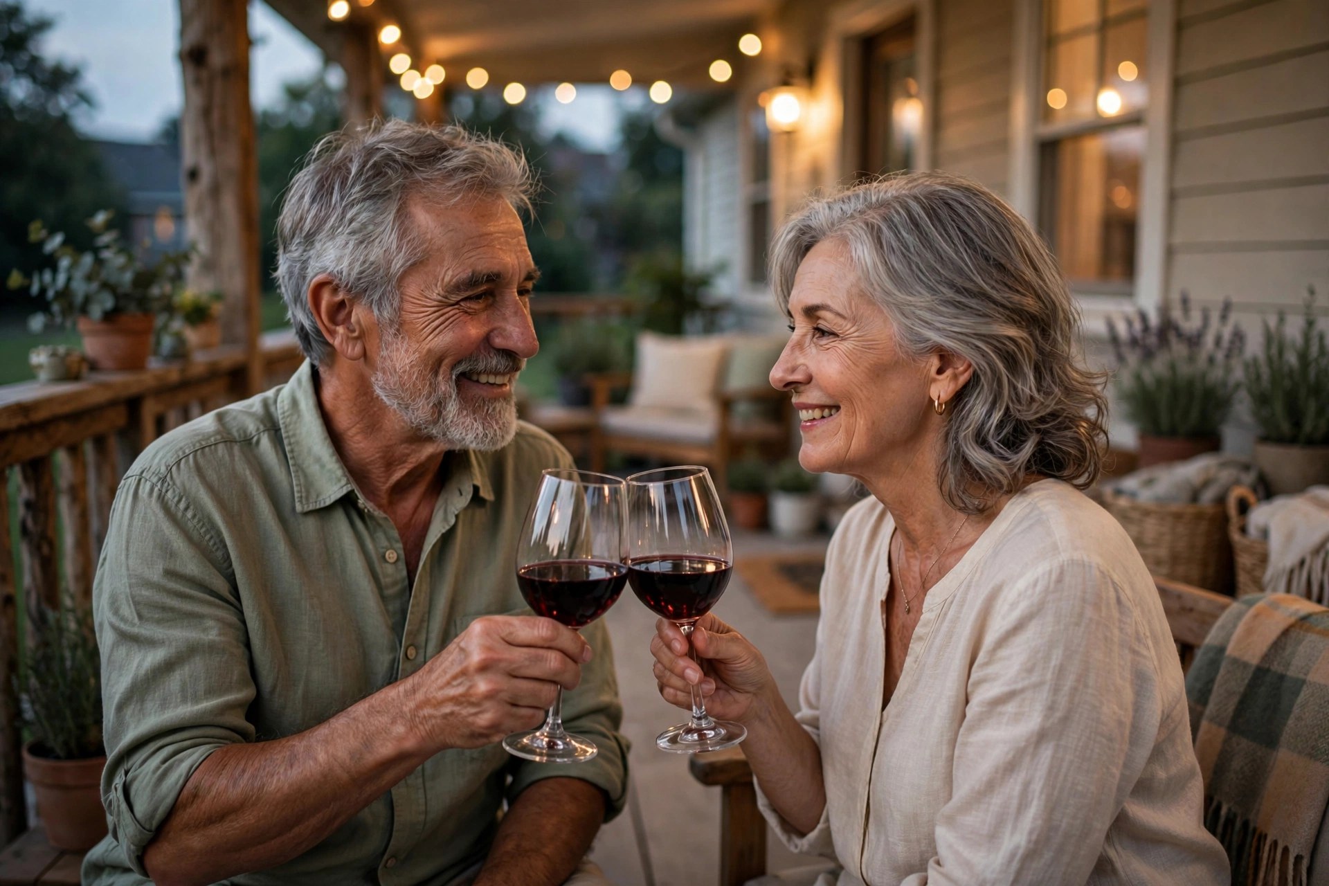 Older couple toasting with wine glasses on their porch at dusk, smiling