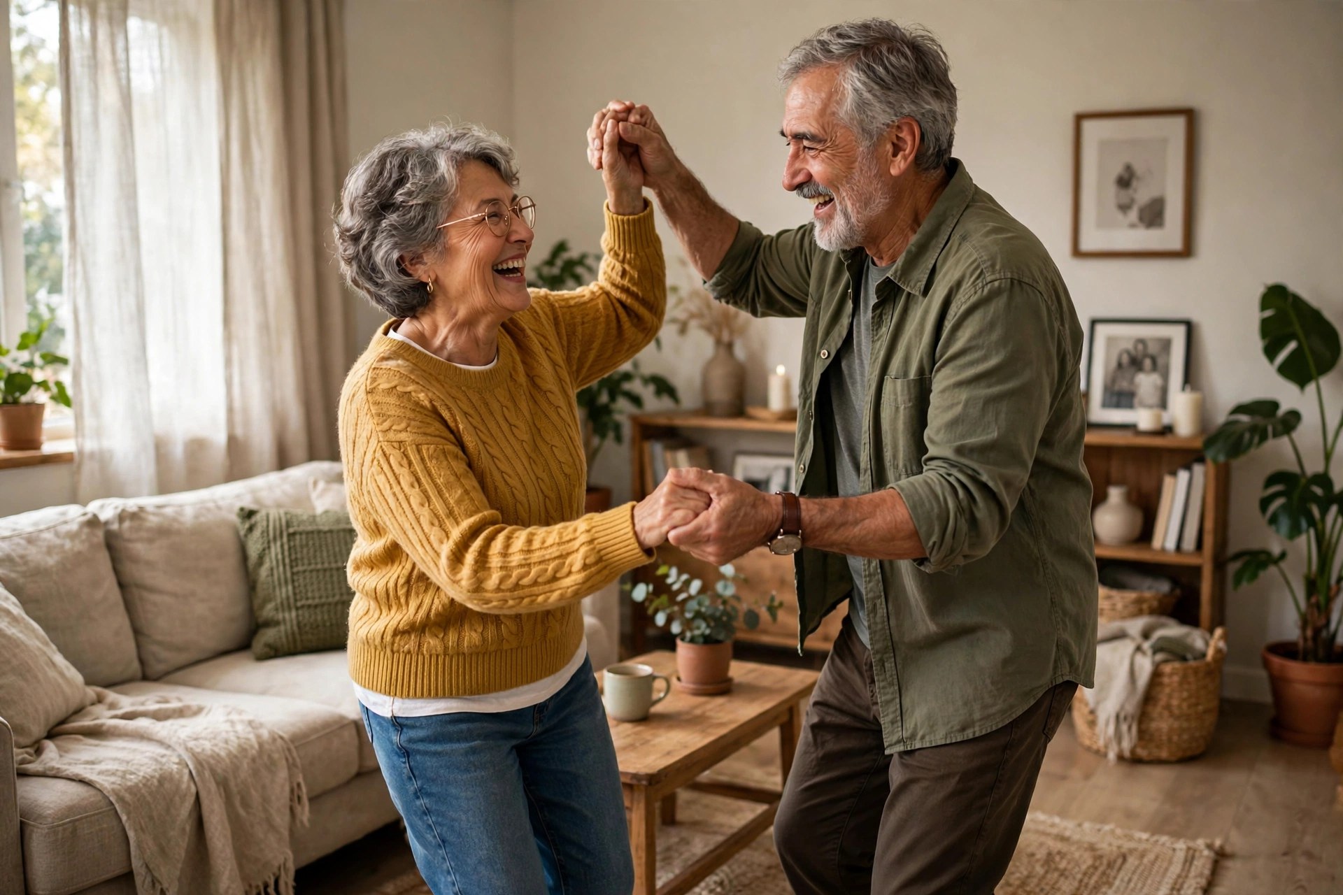 Older couple dancing in their living room to music, joyful