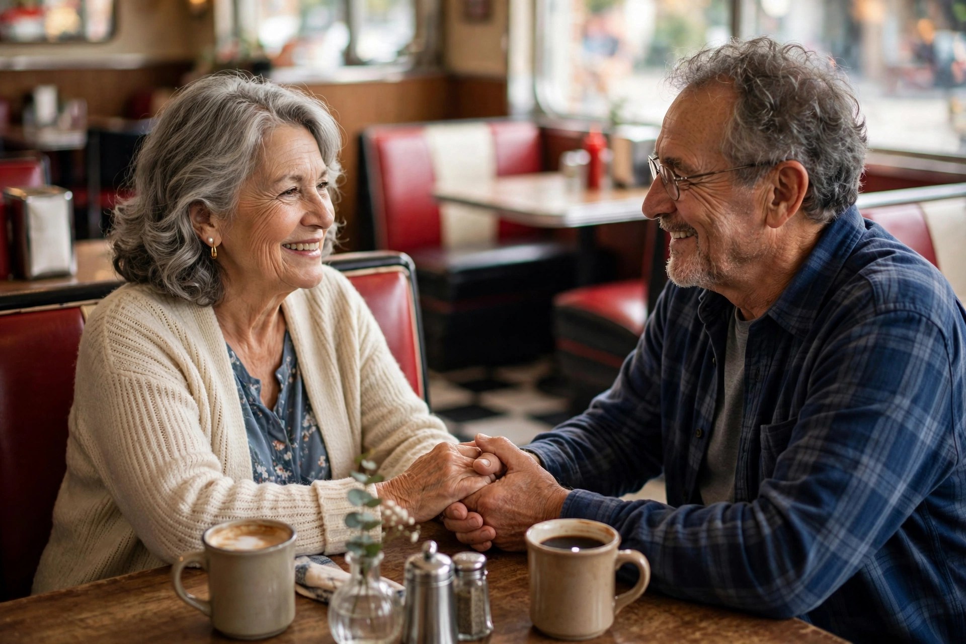 Older couple in their 60s on a date at a retro diner booth, holding hands across the table