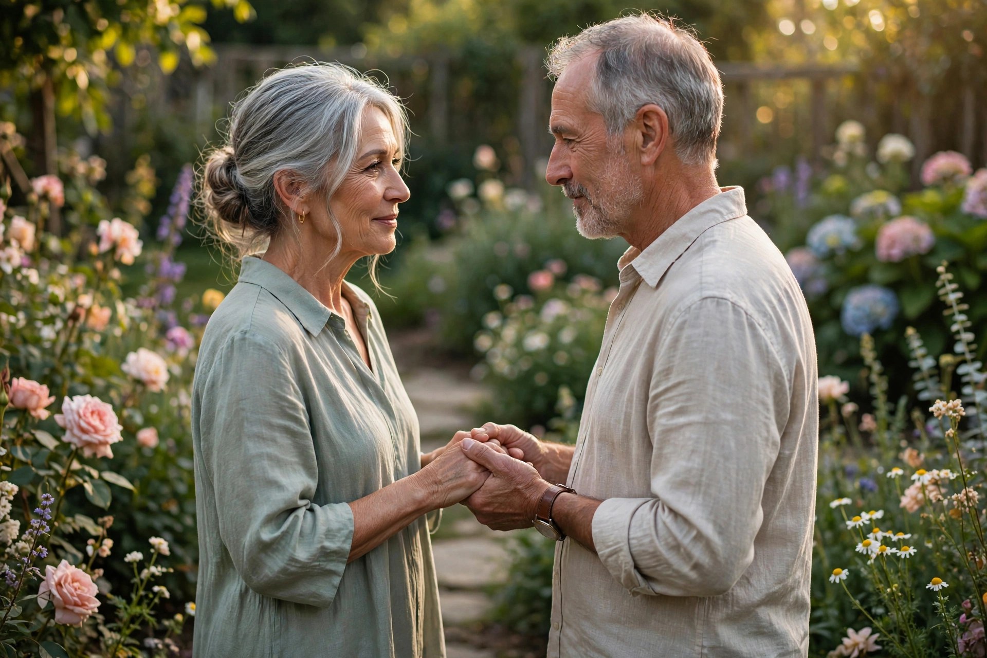 Older couple exchanging simple vows in a flower garden, intimate ceremony