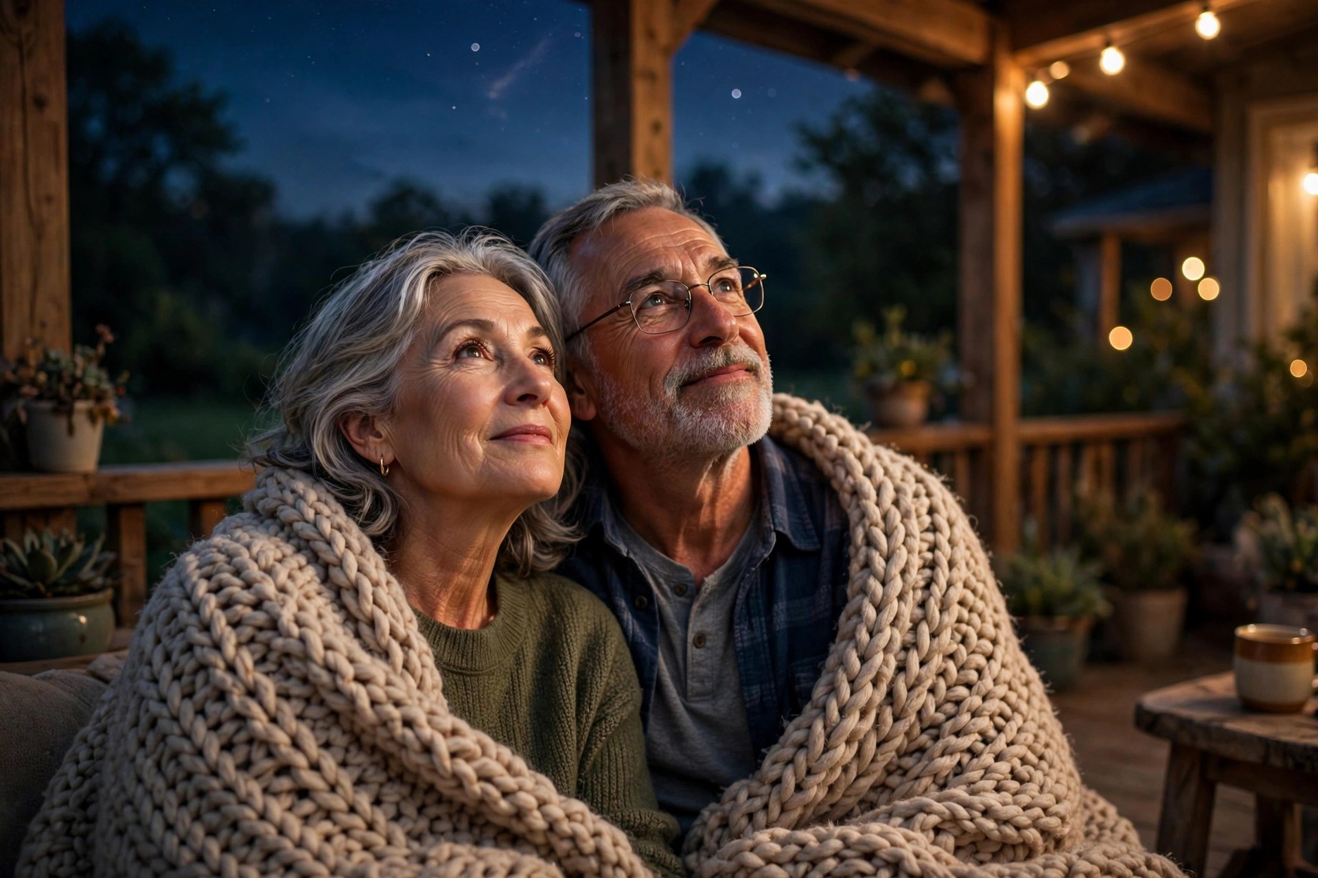Older couple wrapped in a blanket stargazing from their porch at night