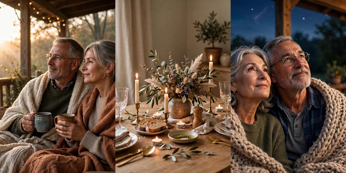 Romantic ideas for couples over 60: sunrise coffee, candlelit dinner, stargazing