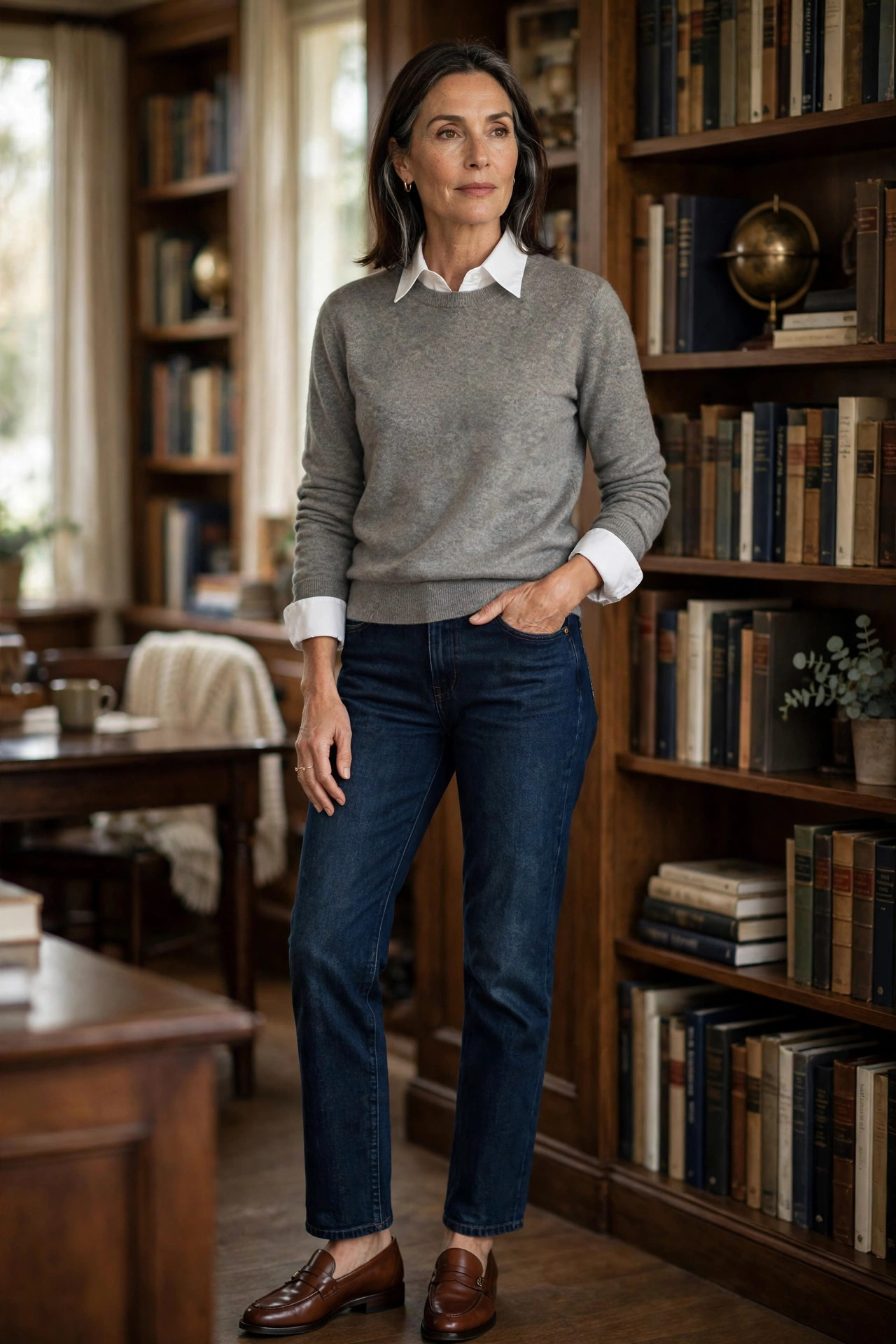 Woman over 50 in white oxford shirt layered under grey crewneck sweater with dark jeans