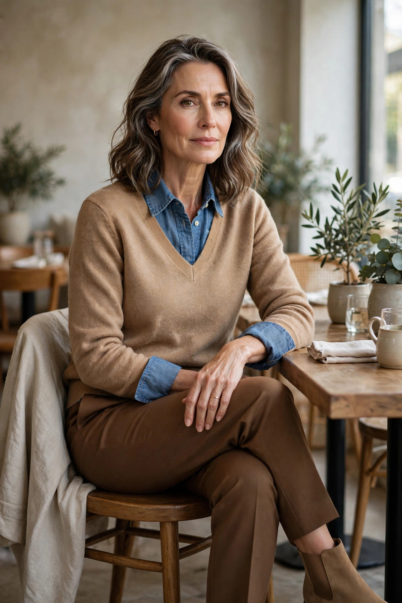 Woman over 50 in chambray shirt under camel v-neck sweater with brown trousers at a cafe