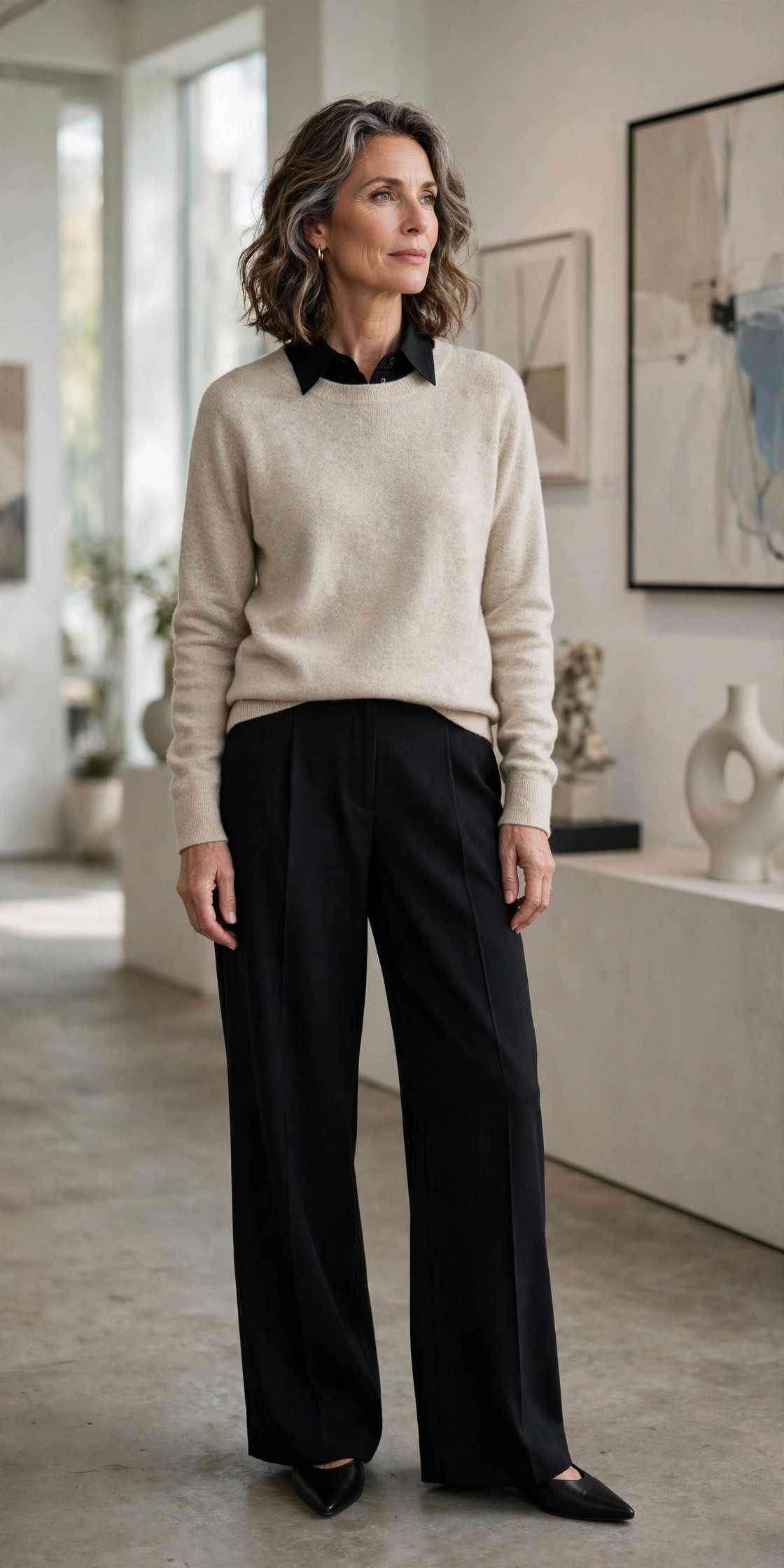 Woman over 50 in black button-down shirt under oatmeal crewneck sweater with black trousers