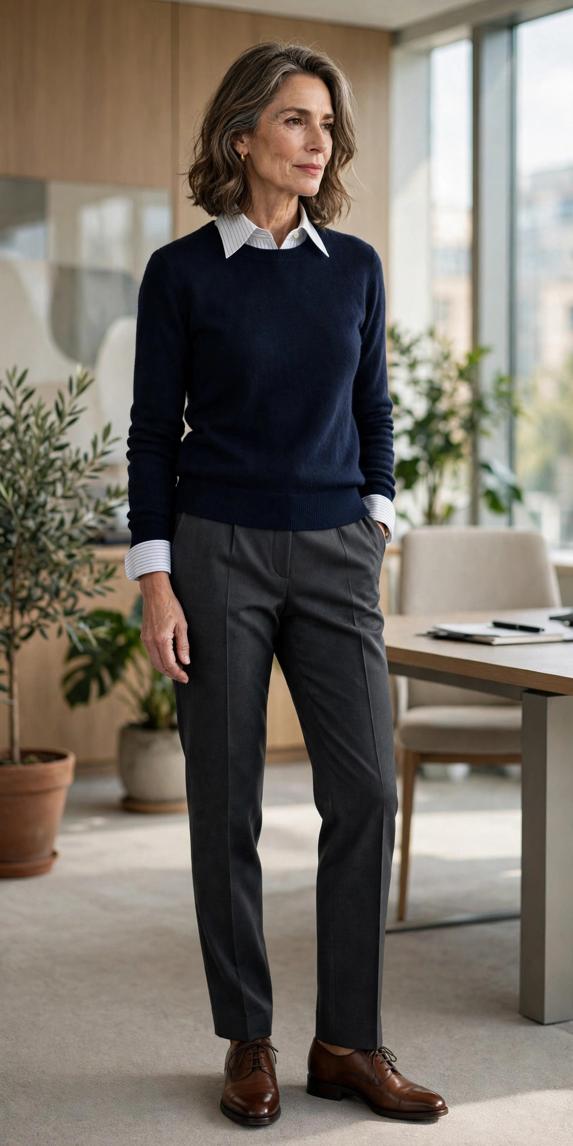 Woman over 50 in pinstripe shirt under navy crewneck sweater with charcoal trousers at office