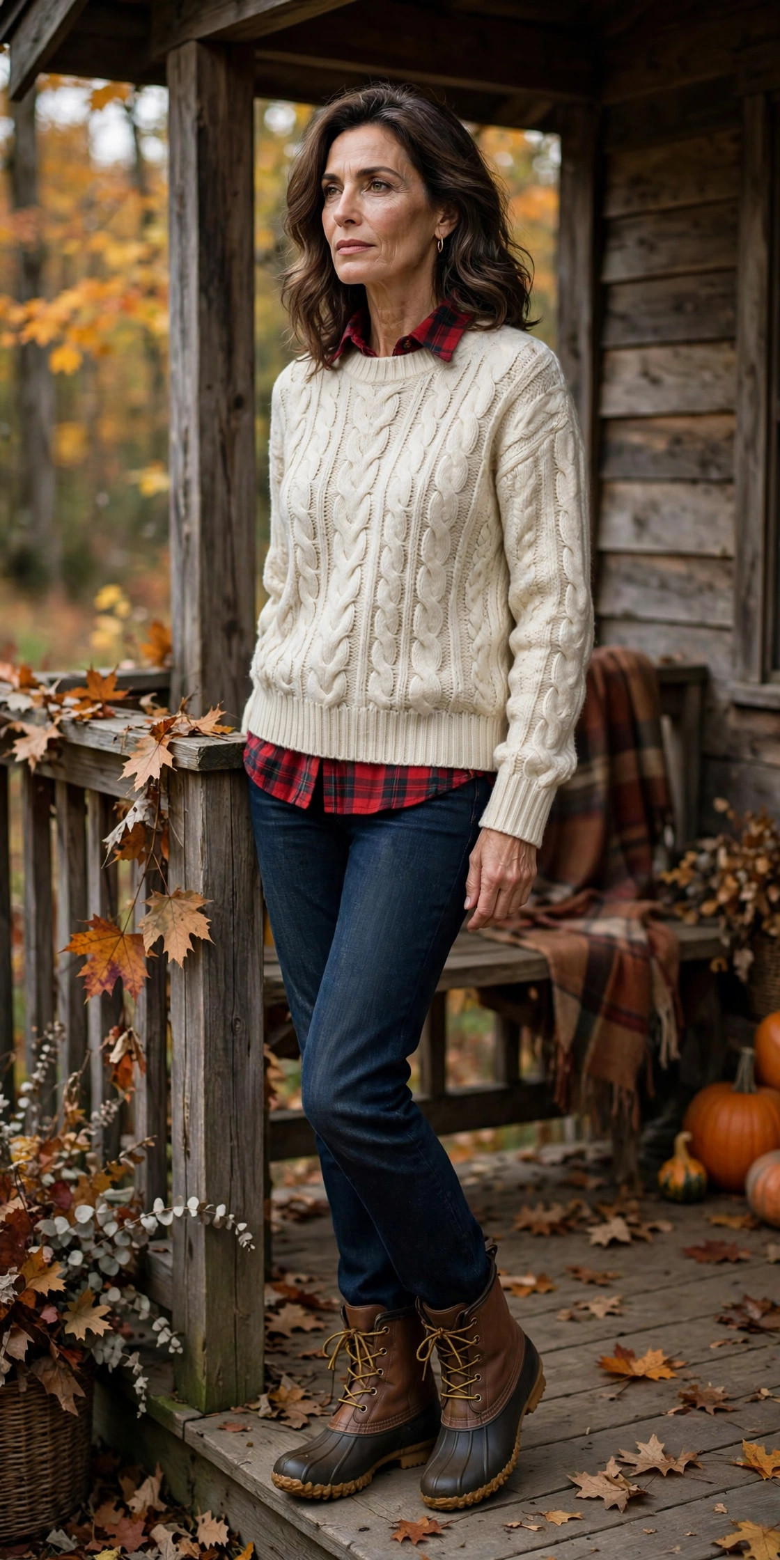 Woman over 50 in red plaid flannel shirt under cream cable-knit sweater with dark jeans