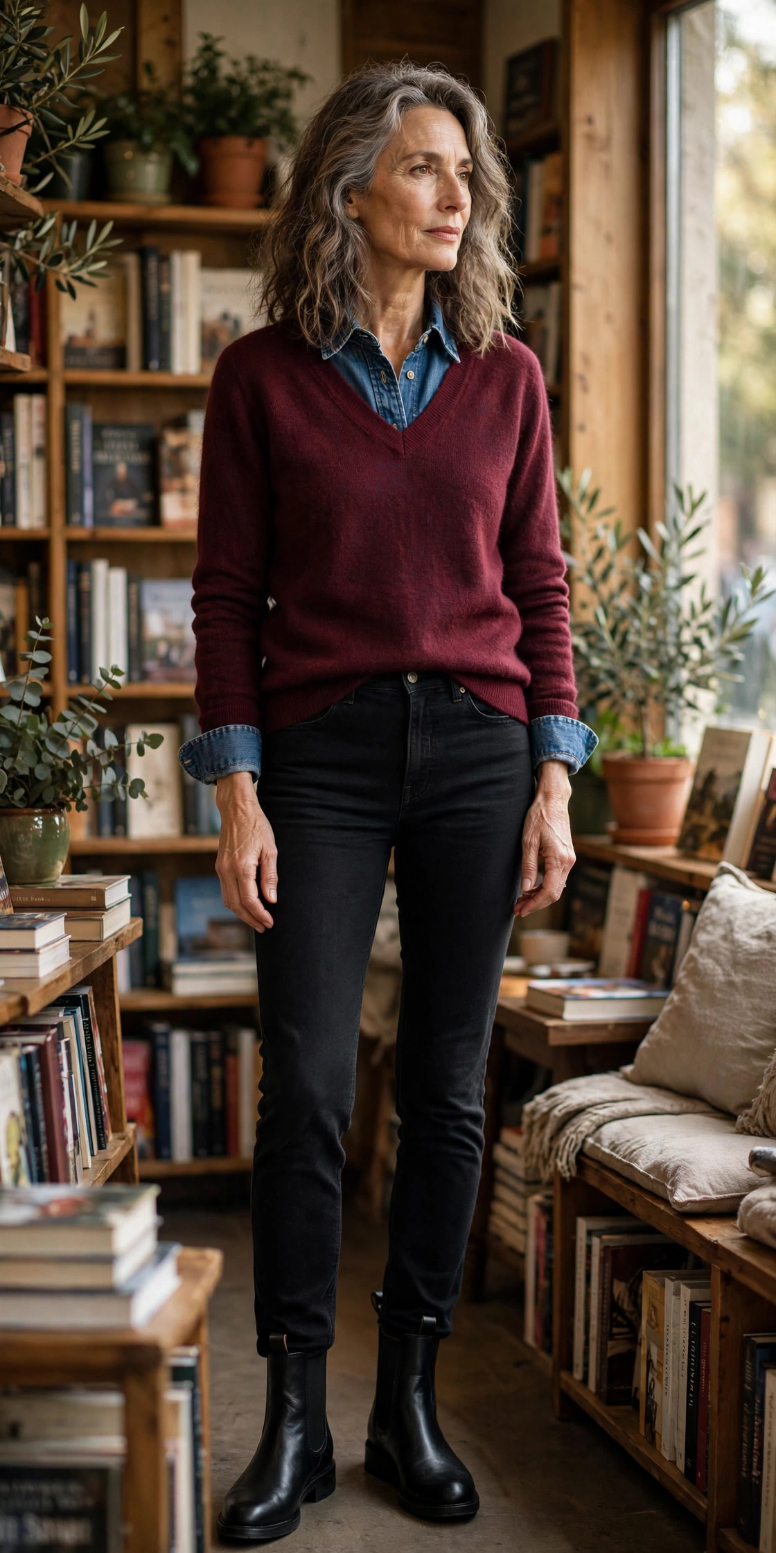 Woman over 50 in denim shirt under burgundy v-neck sweater with black jeans in a bookstore