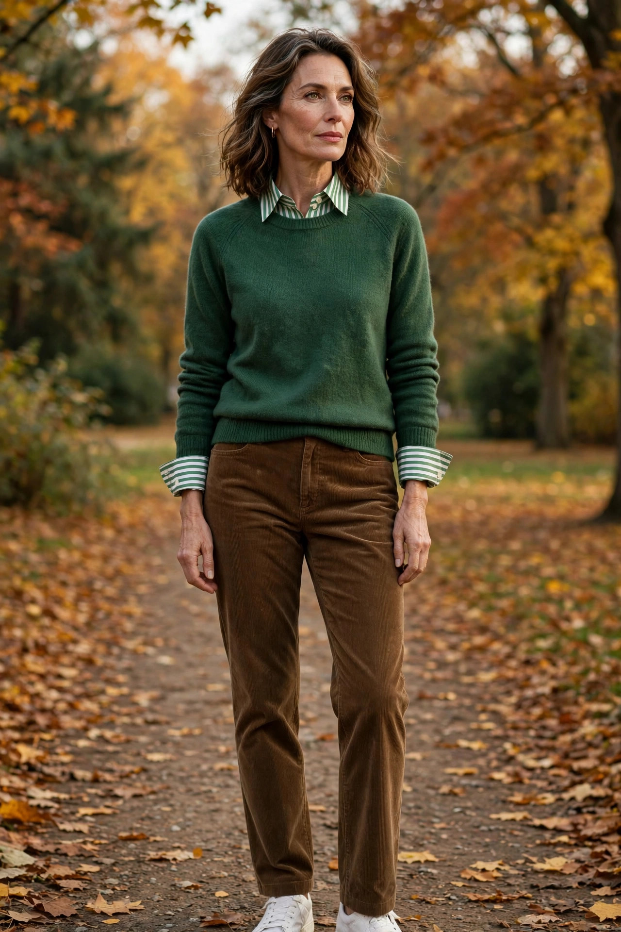 Woman over 50 in striped shirt under forest-green sweater with corduroys in a park