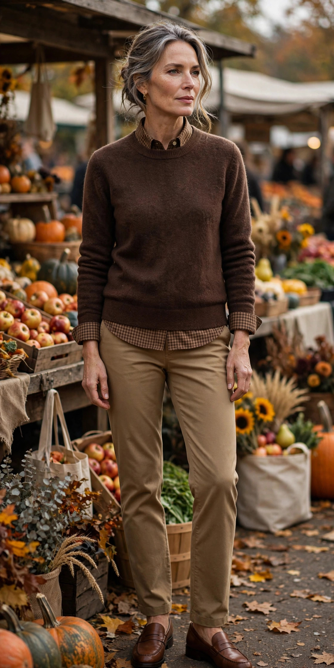Woman over 50 in brown gingham shirt under chocolate crewneck sweater with tan chinos