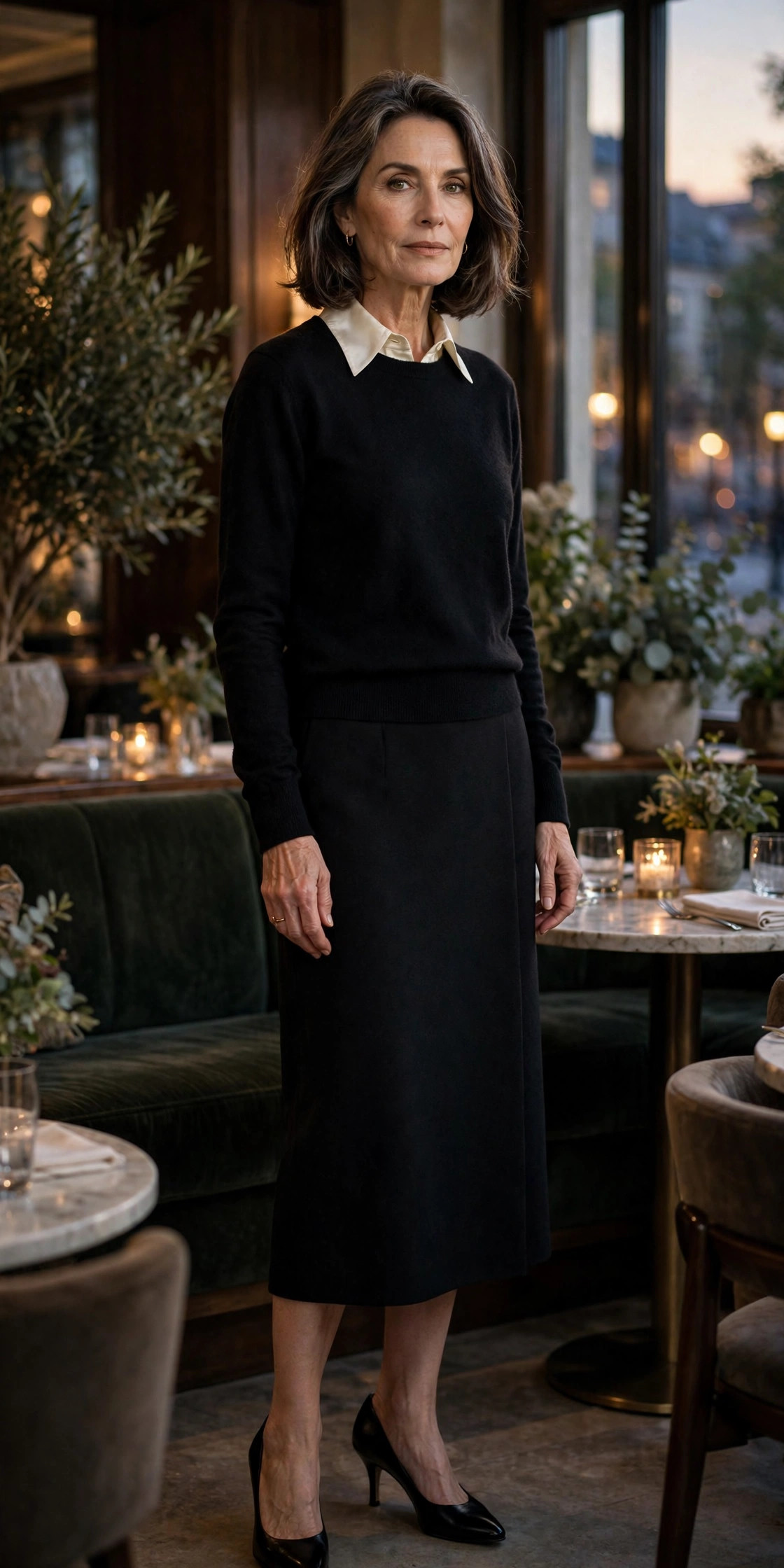 Woman over 50 in ivory silk shirt under black cashmere sweater with black midi skirt