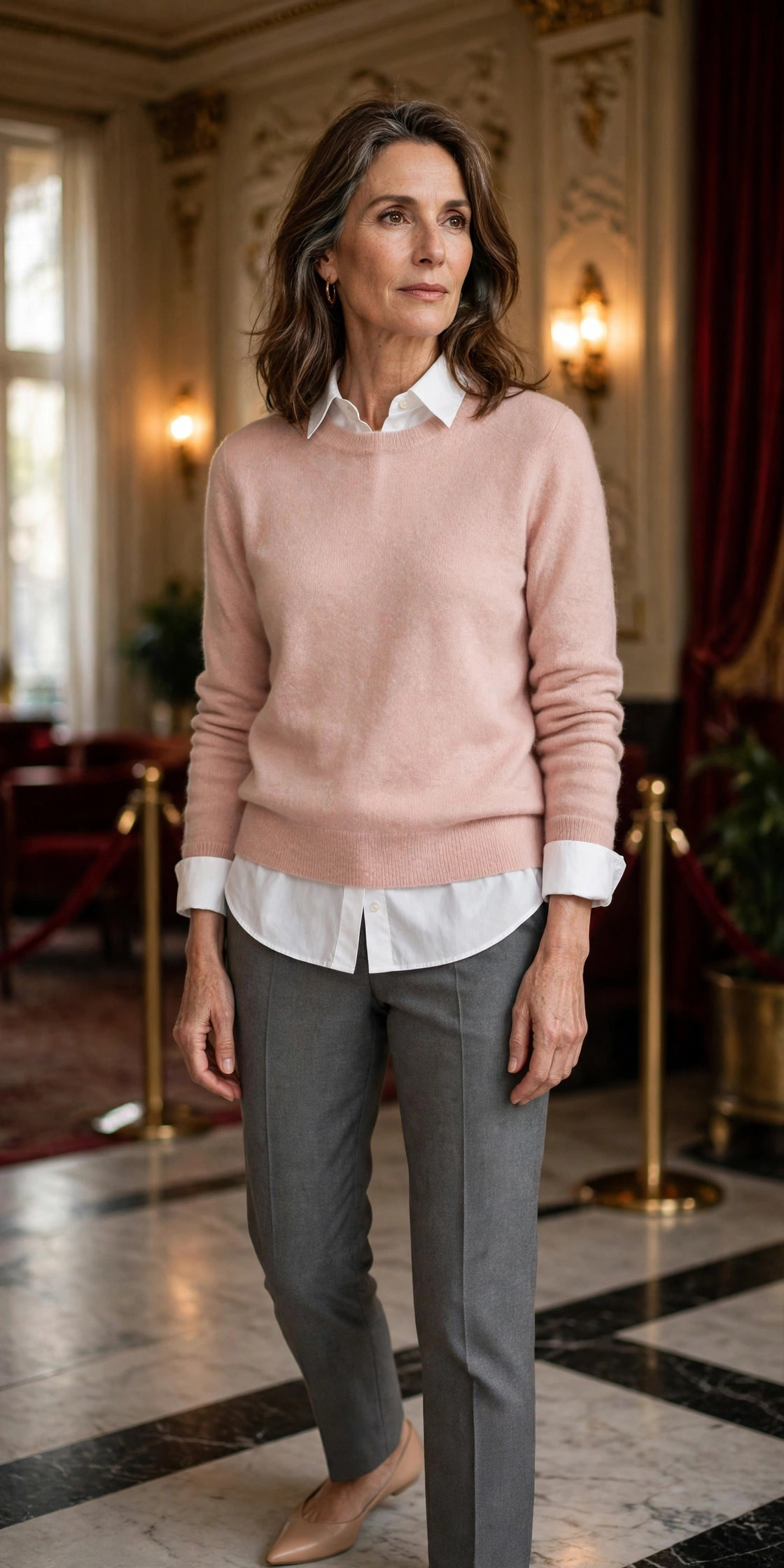 Woman over 50 in white shirt under blush pink sweater with grey trousers in a theater lobby