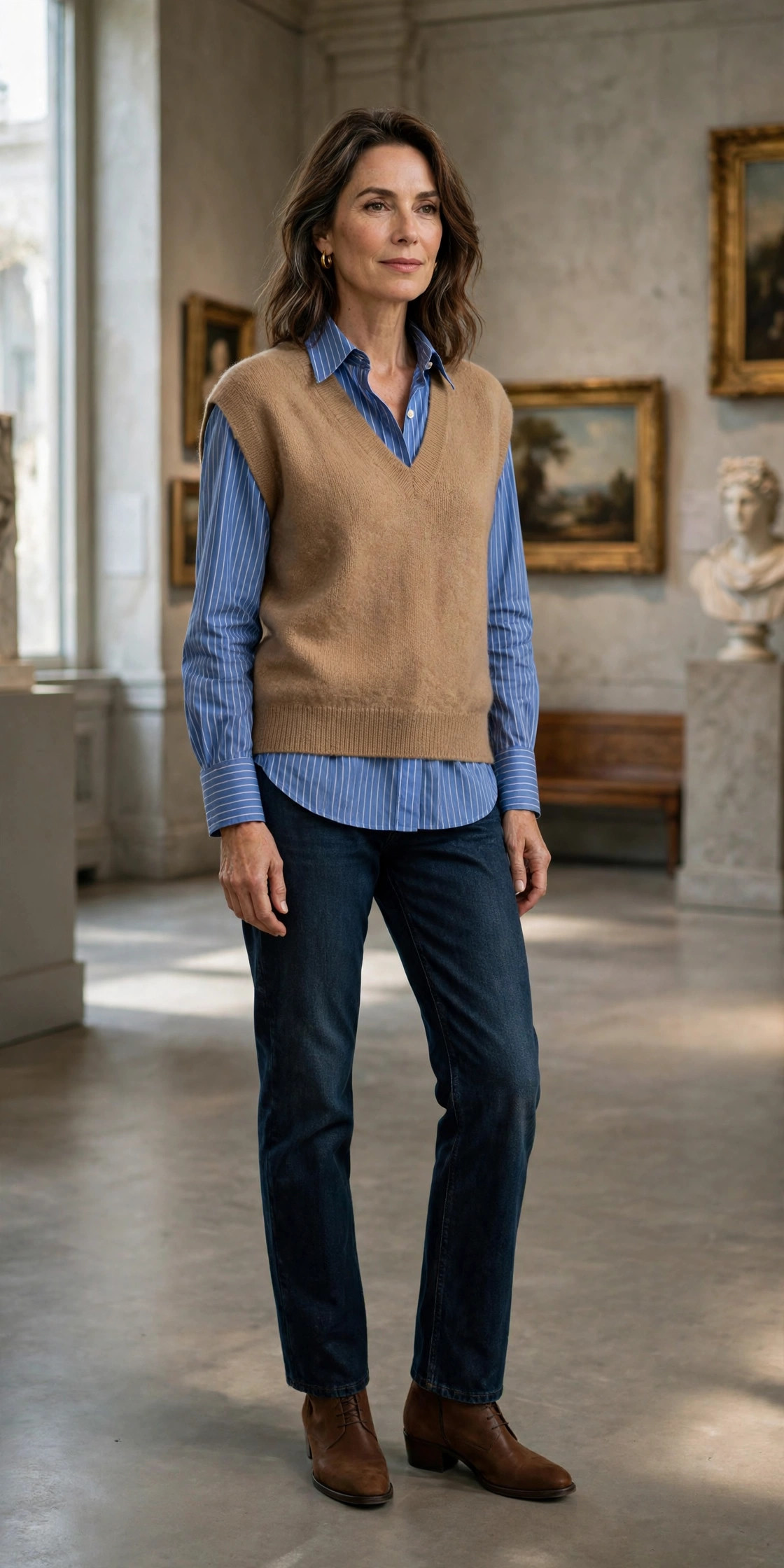 Woman over 50 in striped shirt under camel sweater vest with dark jeans at a museum