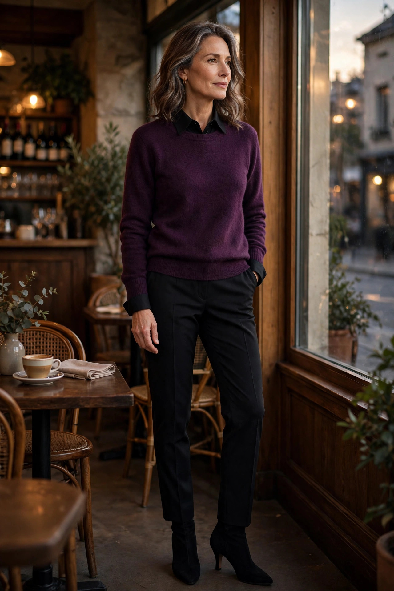 Woman over 50 in black shirt under deep-plum sweater with black trousers at an evening bistro