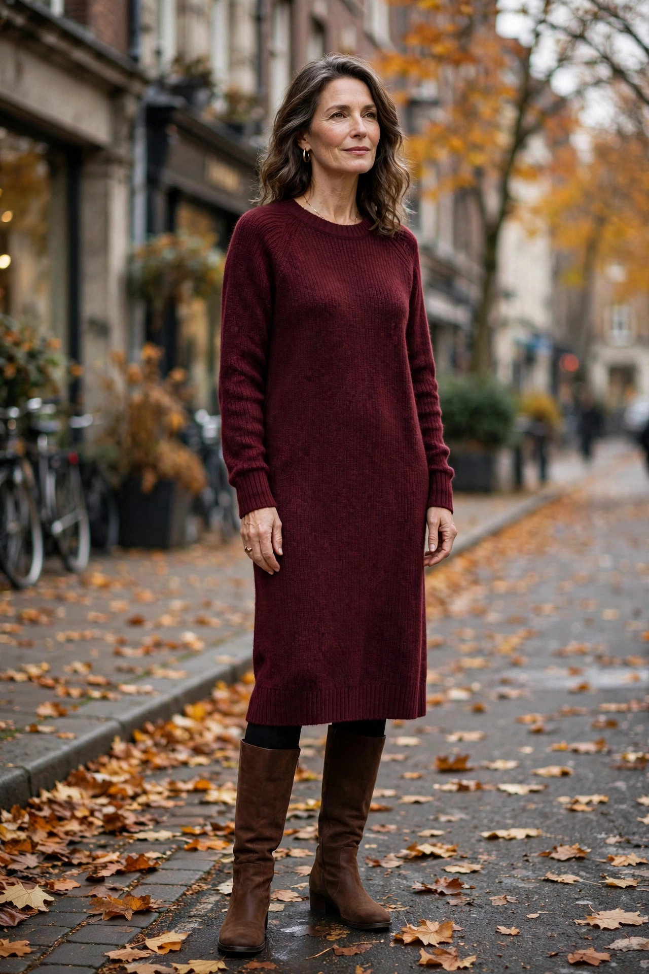 Woman over 50 in burgundy sweater dress over black leggings with knee-high boots