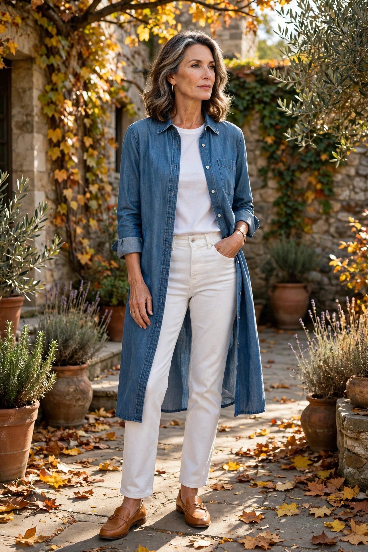 Woman over 50 in chambray shirt dress over white jeans with tan loafers