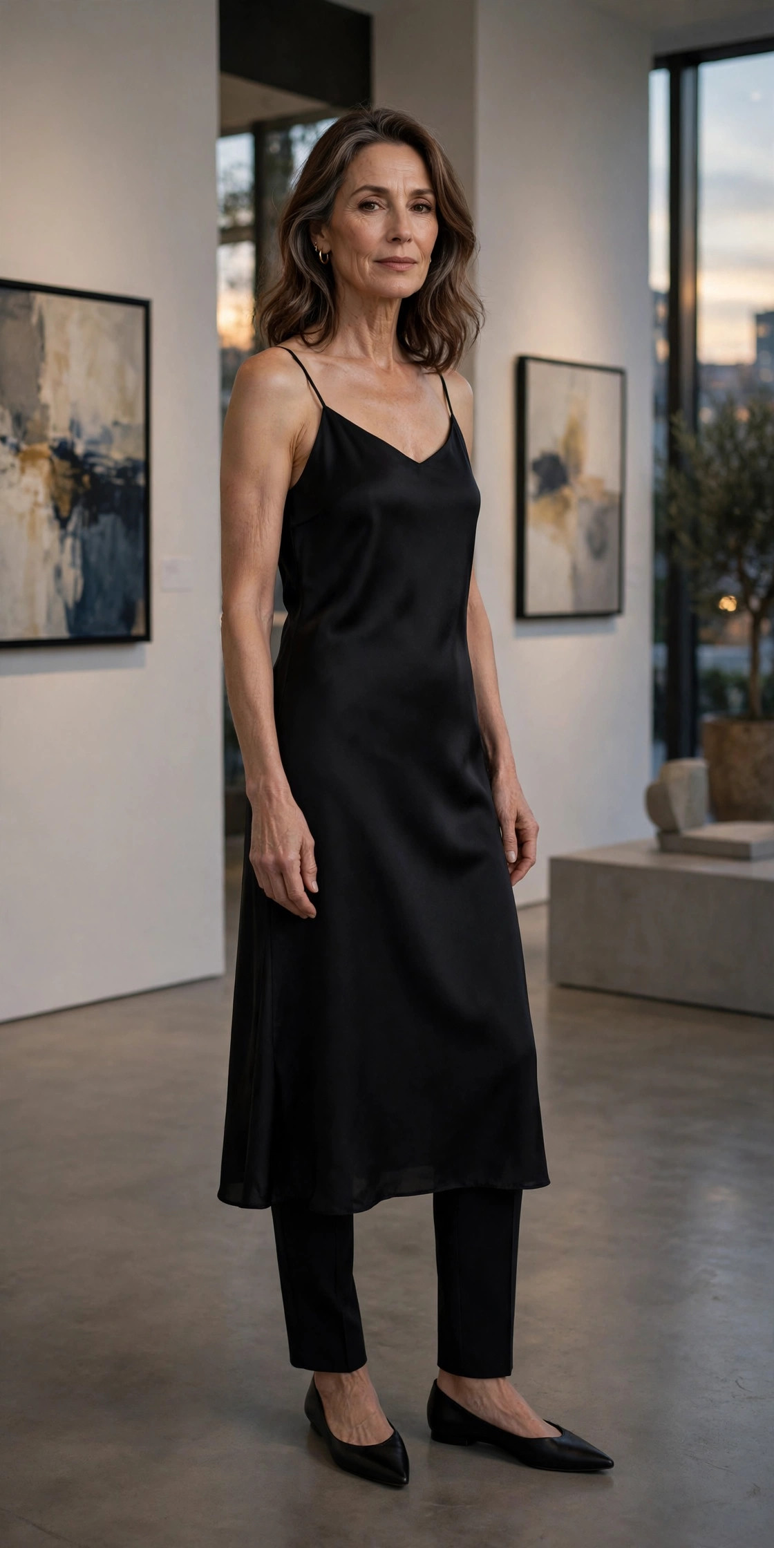 Woman over 50 in black slip dress over black trousers with pointed flats at a gallery
