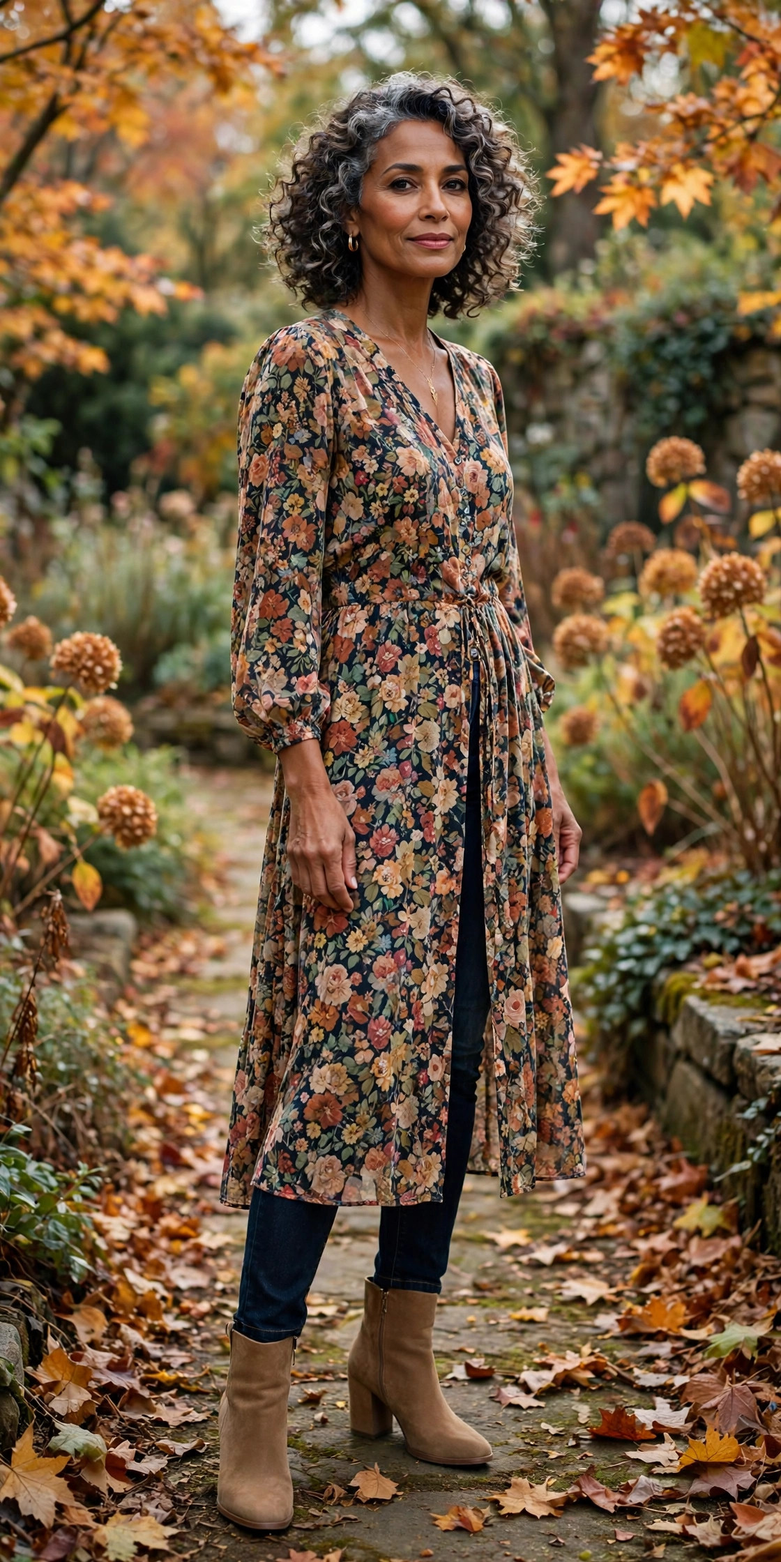 Woman over 50 in floral midi dress over dark jeans with tan ankle boots on a garden path