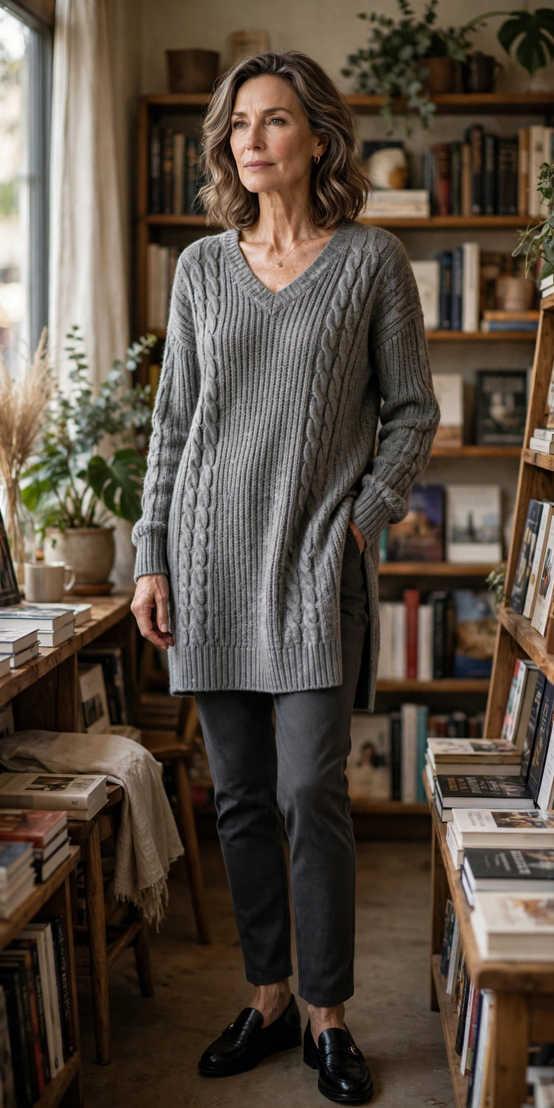 Woman over 50 in grey tunic sweater dress over charcoal pants with loafers in a bookstore
