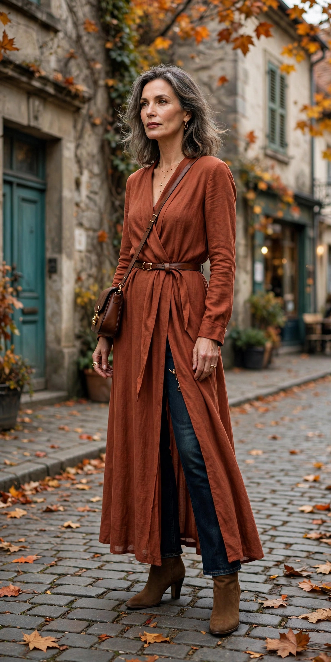 Woman over 50 in rust maxi dress with side slit over dark jeans with heeled boots
