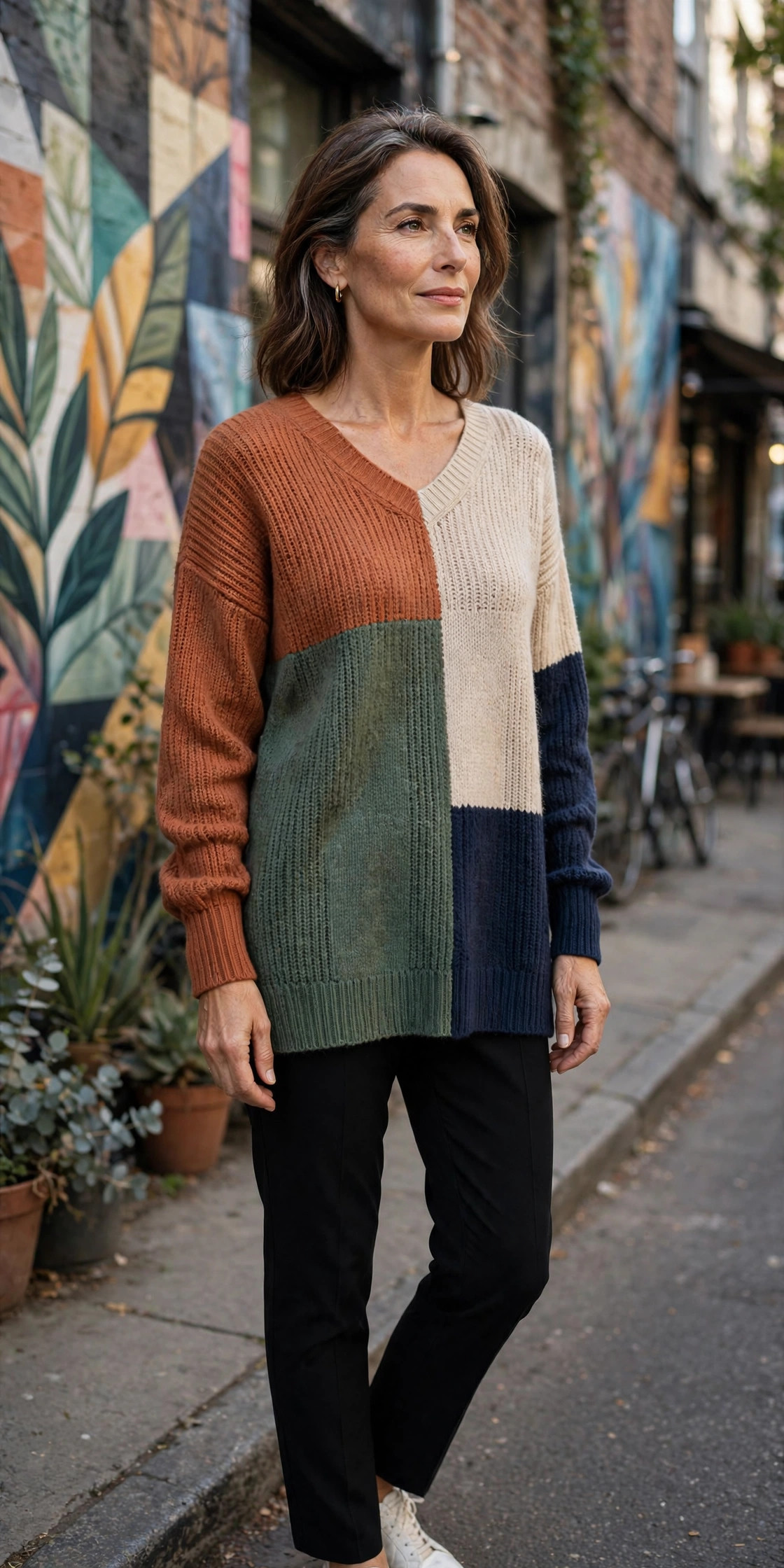 Woman over 50 in colorblock knit tunic over black pants with white sneakers in an art district