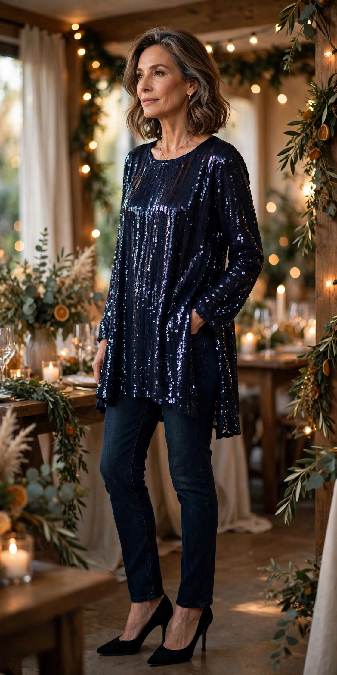 Woman over 50 in navy sequin tunic over dark jeans with black heels at a party
