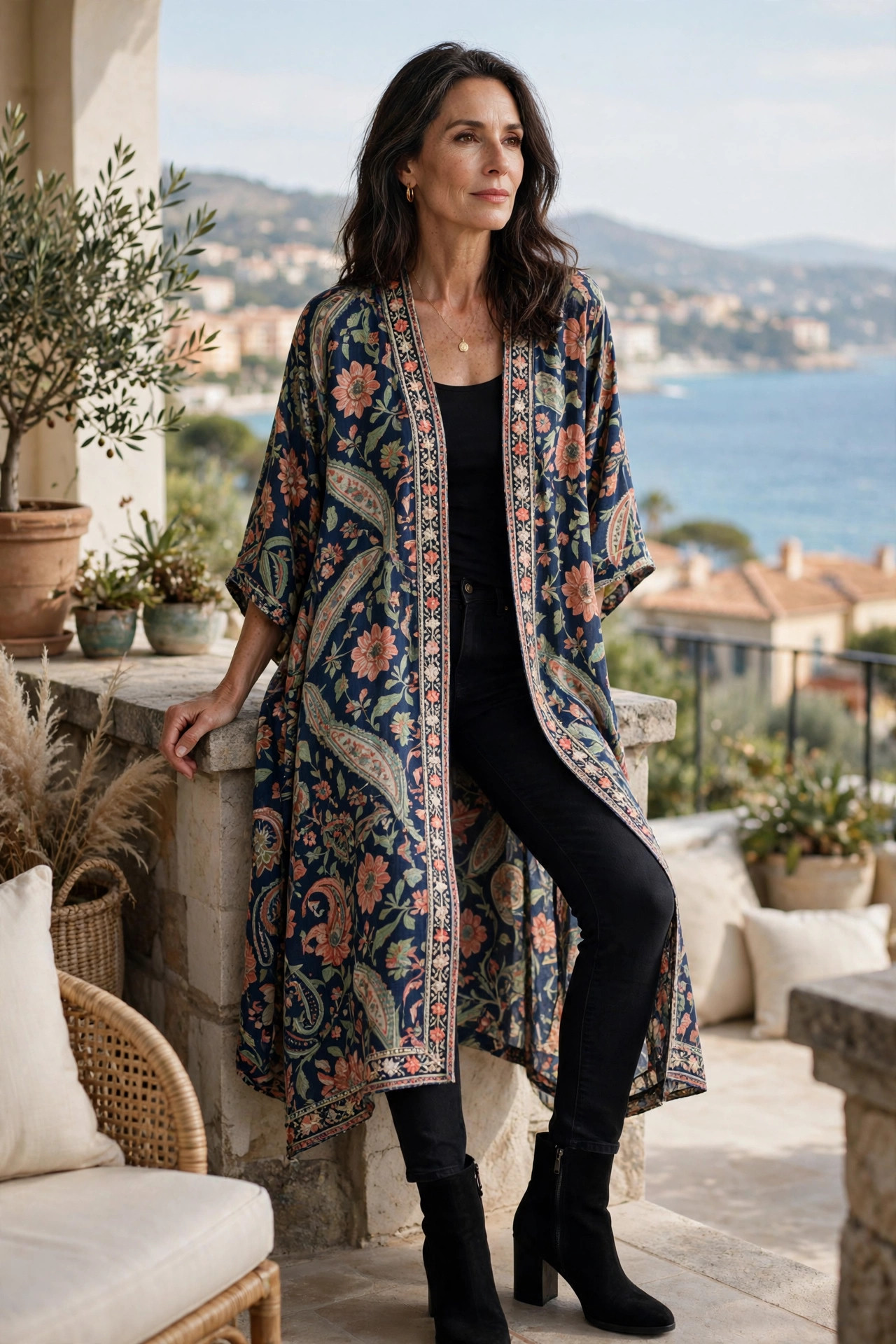 Woman over 50 in printed kaftan over black slim jeans with ankle boots on a terrace