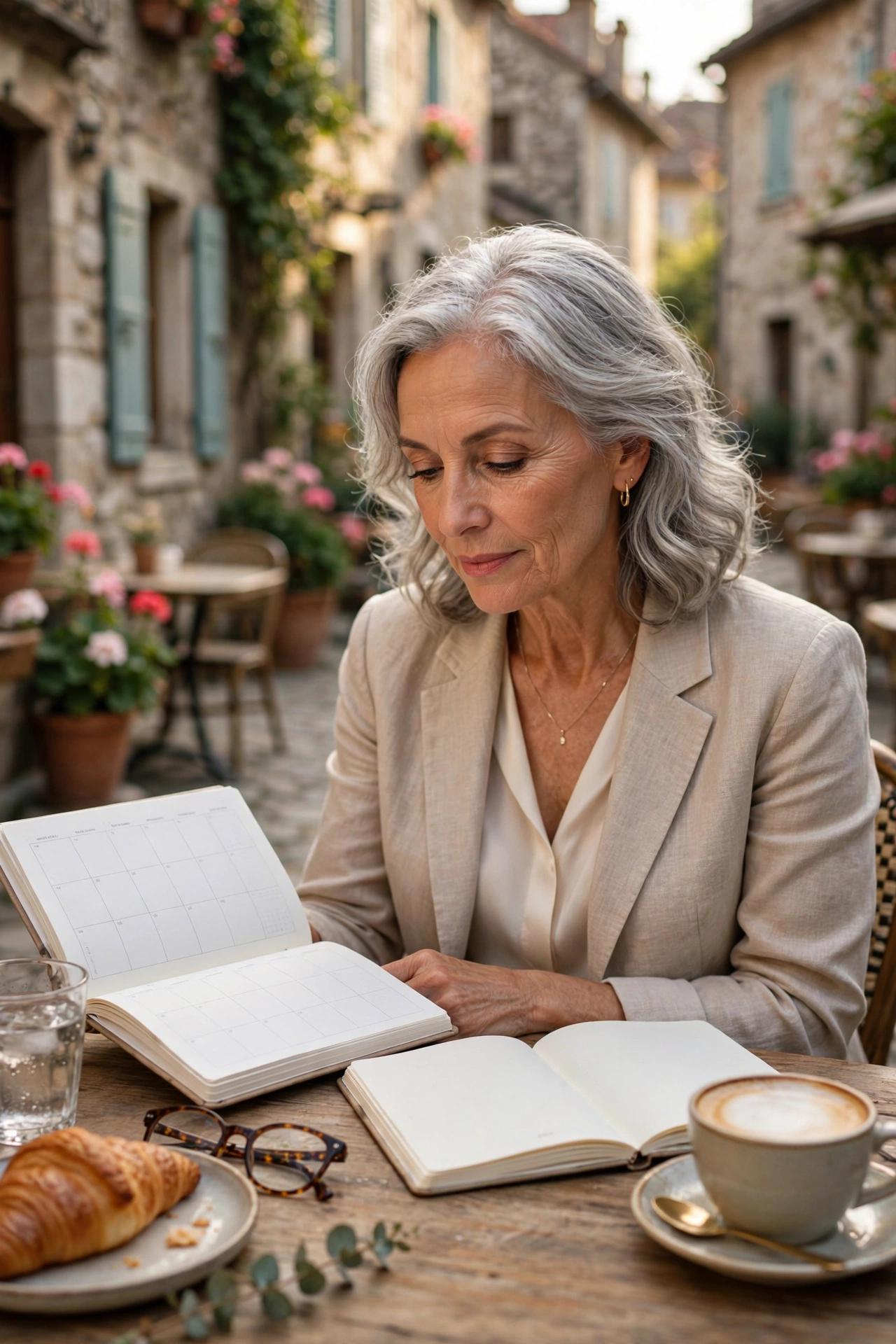 Woman in her 60s reviewing her retirement budget planner at a sunny outdoor cafe in Europe