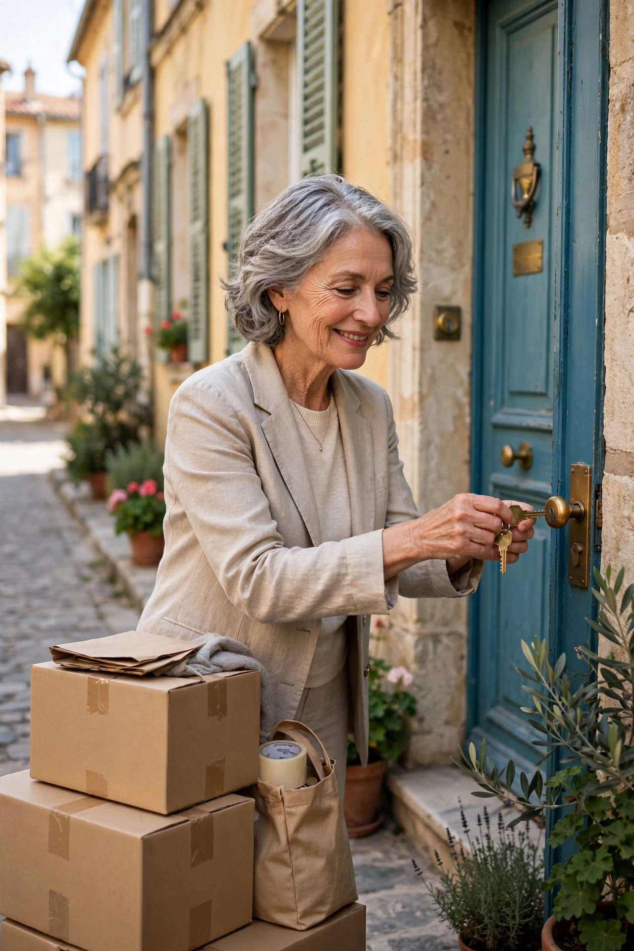 Woman in her 60s unlocking the door of a sunny trial apartment abroad