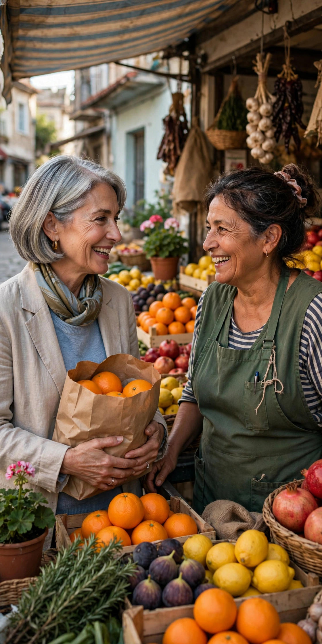 Woman in her 60s chatting with a local shopkeeper at a colorful outdoor market