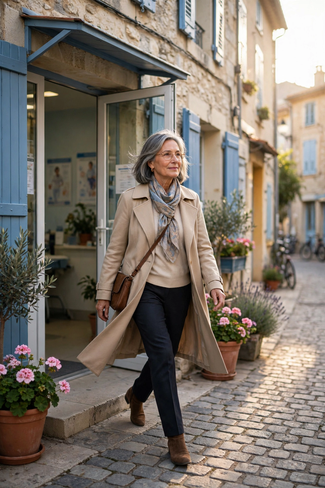 Woman in her 60s leaving a small neighborhood clinic in a foreign town