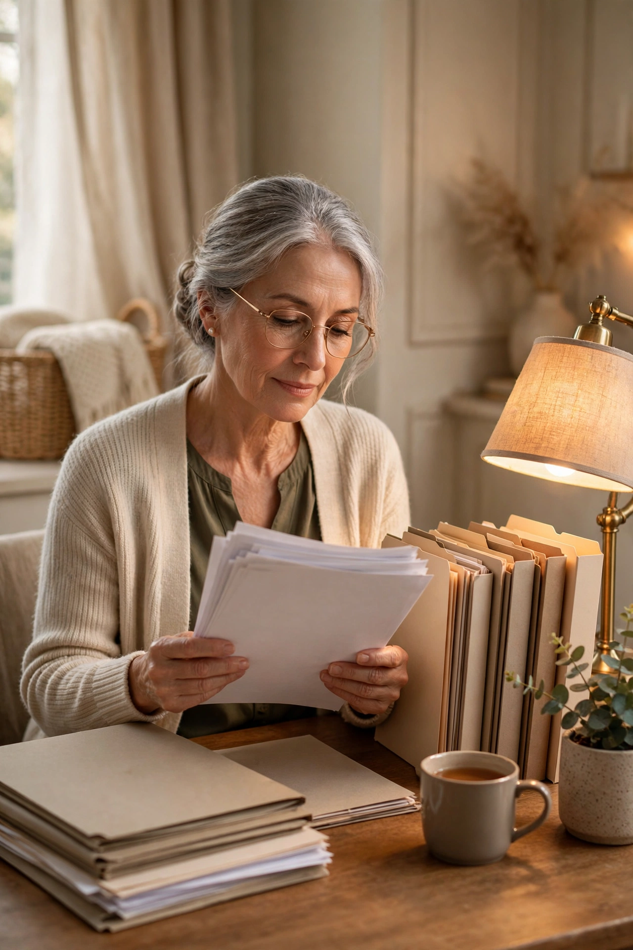 Woman in her 60s reviewing insurance paperwork at a cozy home desk