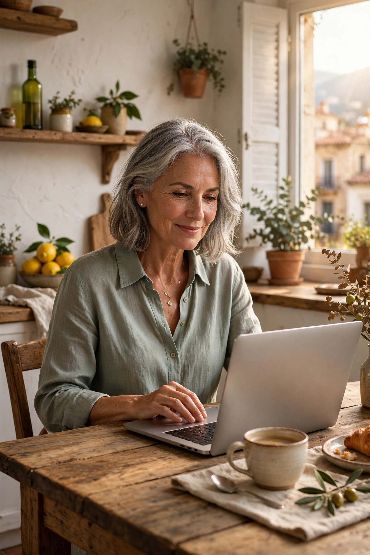 Woman in her 60s managing online banking on a laptop at a rustic kitchen table