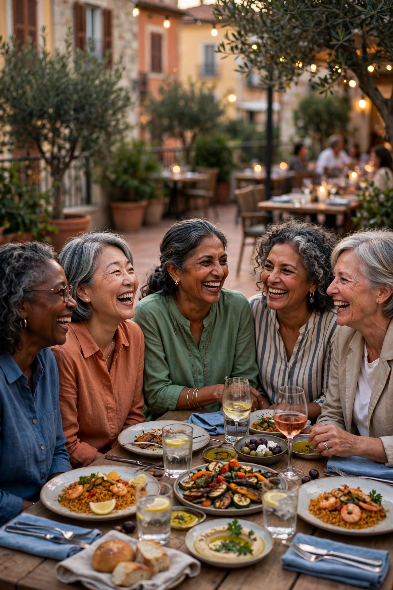 Group of women in their 60s laughing over dinner on a terrace restaurant abroad