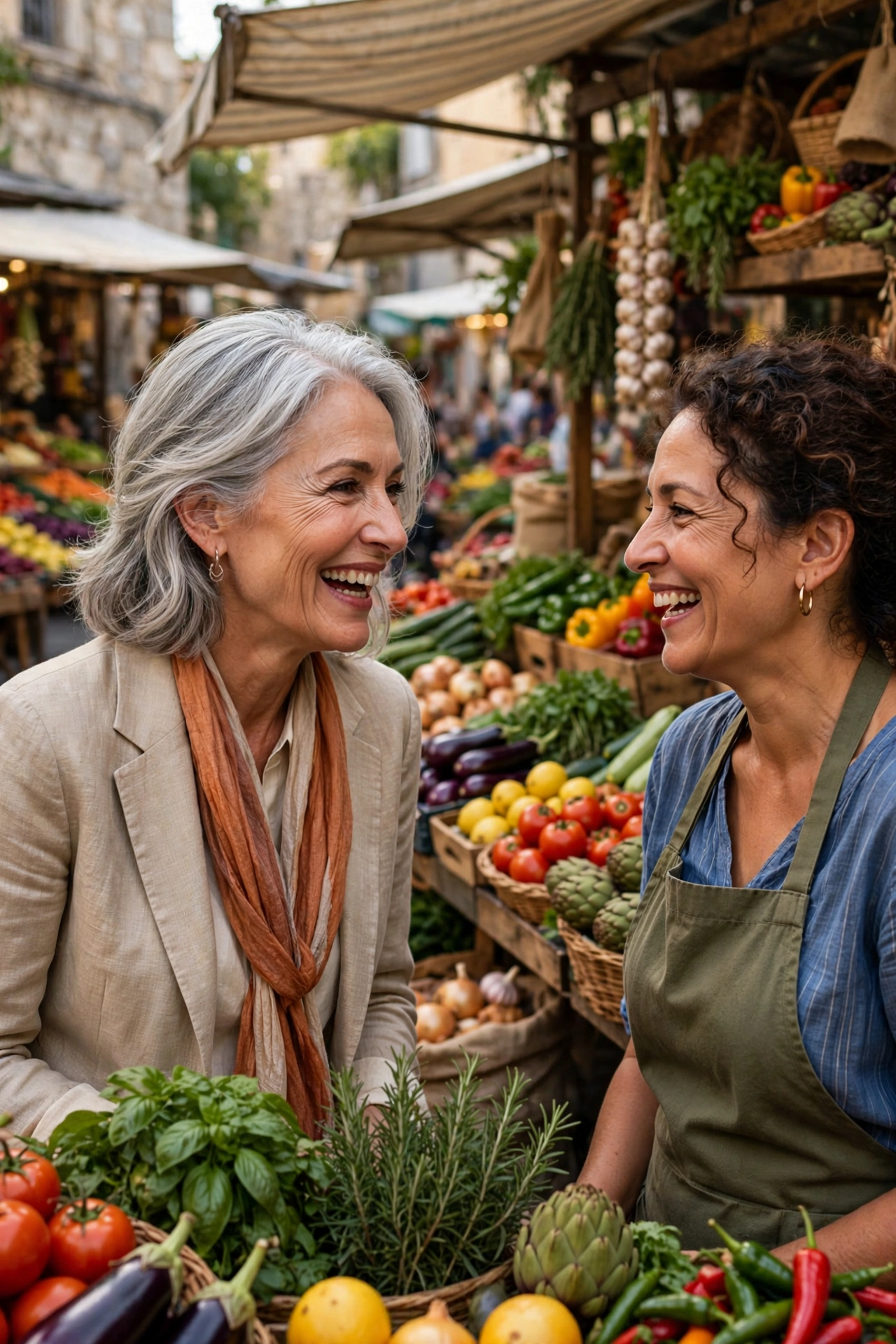 Woman in her 60s laughing with a local woman at a vibrant vegetable market