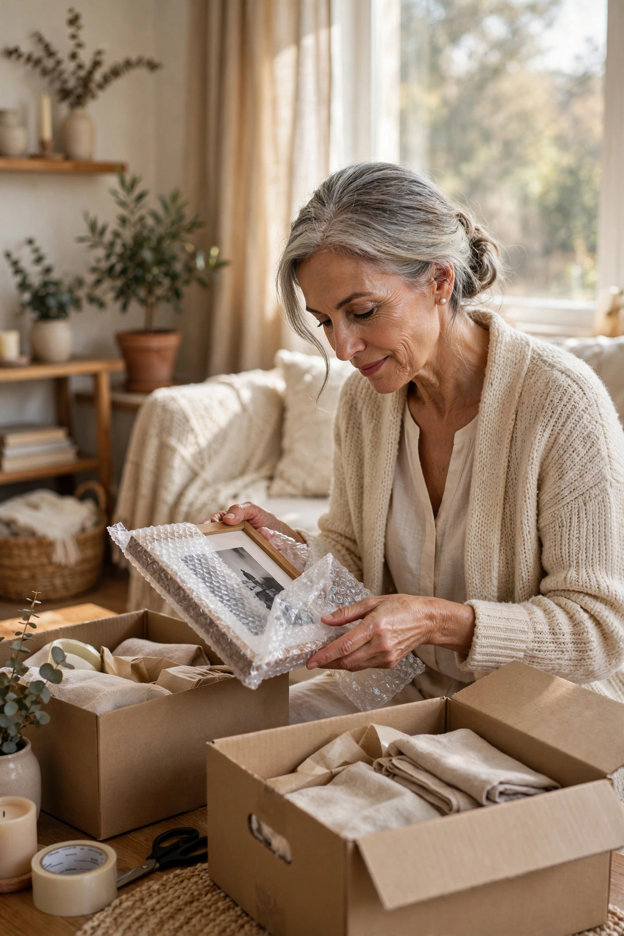 Woman in her 60s gently packing boxes and wrapping a framed photo