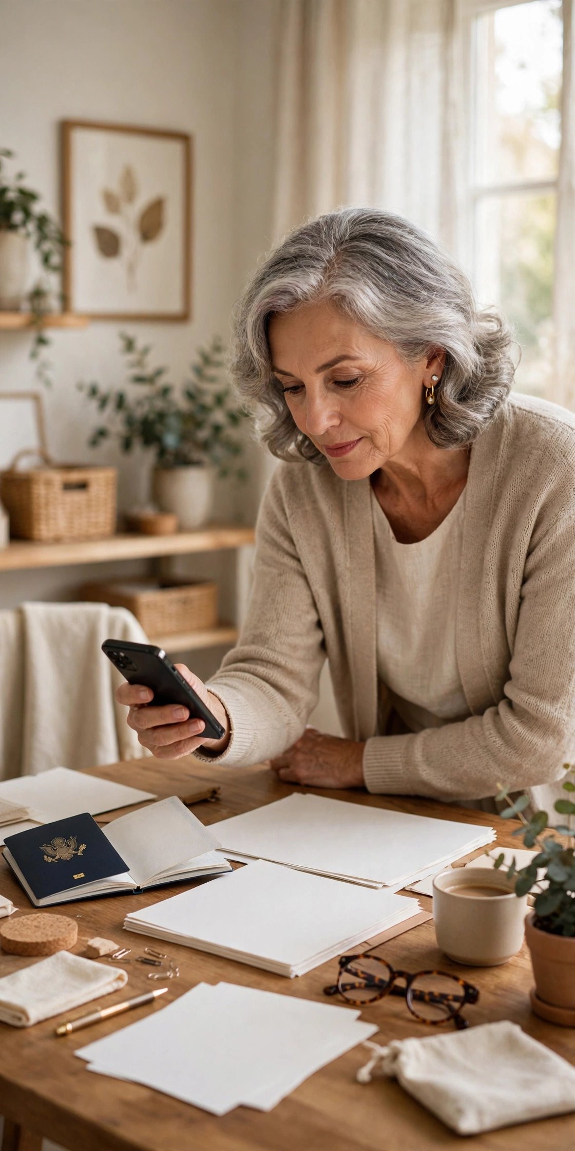 Woman in her 60s photographing important documents with her smartphone