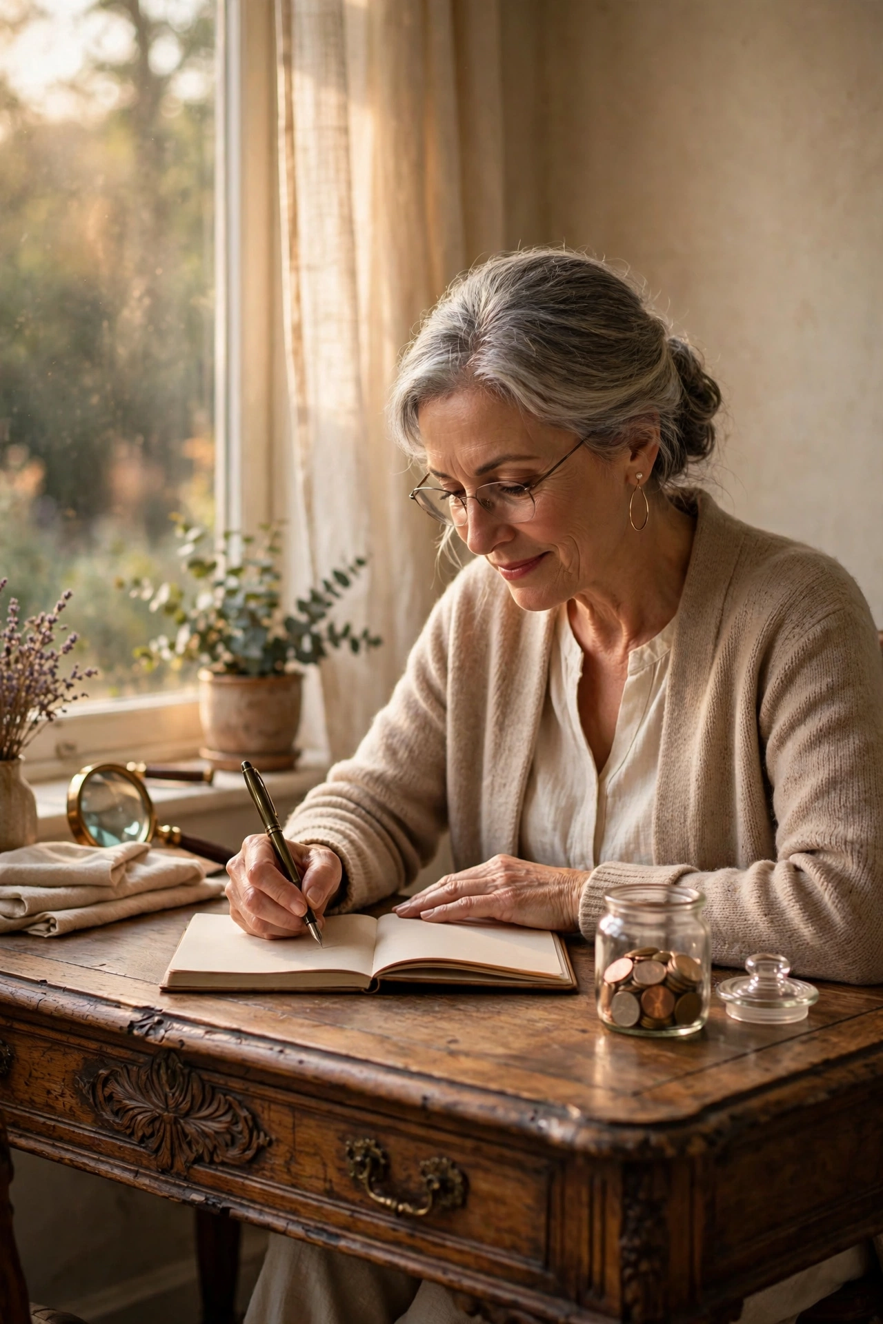 Woman in her 60s writing in a savings notebook at an antique desk